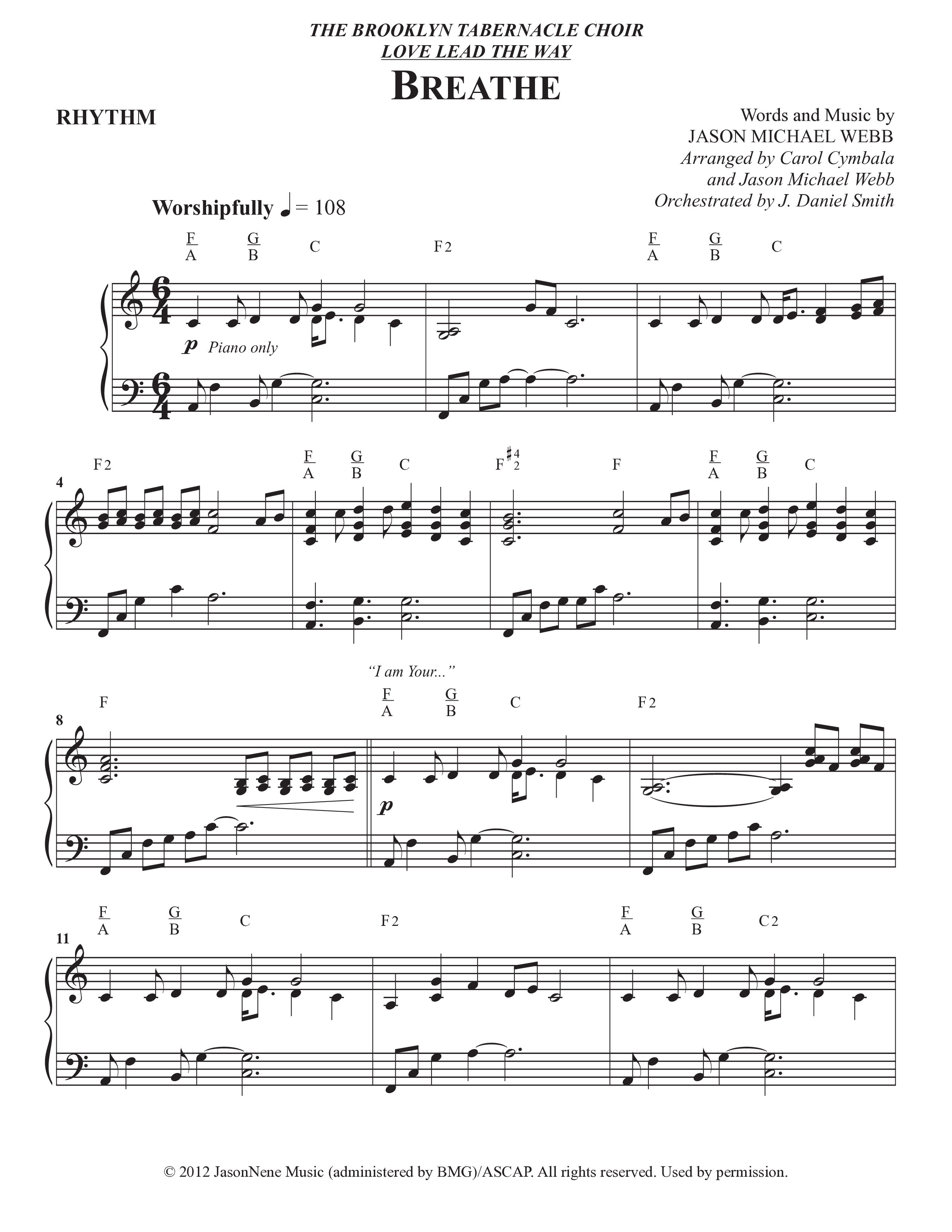 Breathe (Choral Anthem SATB) Rhythm Chart (The Brooklyn Tabernacle Choir / Arr. Carol Cymbala / Arr. Jason Webb / Orch. J. Daniel Smith)