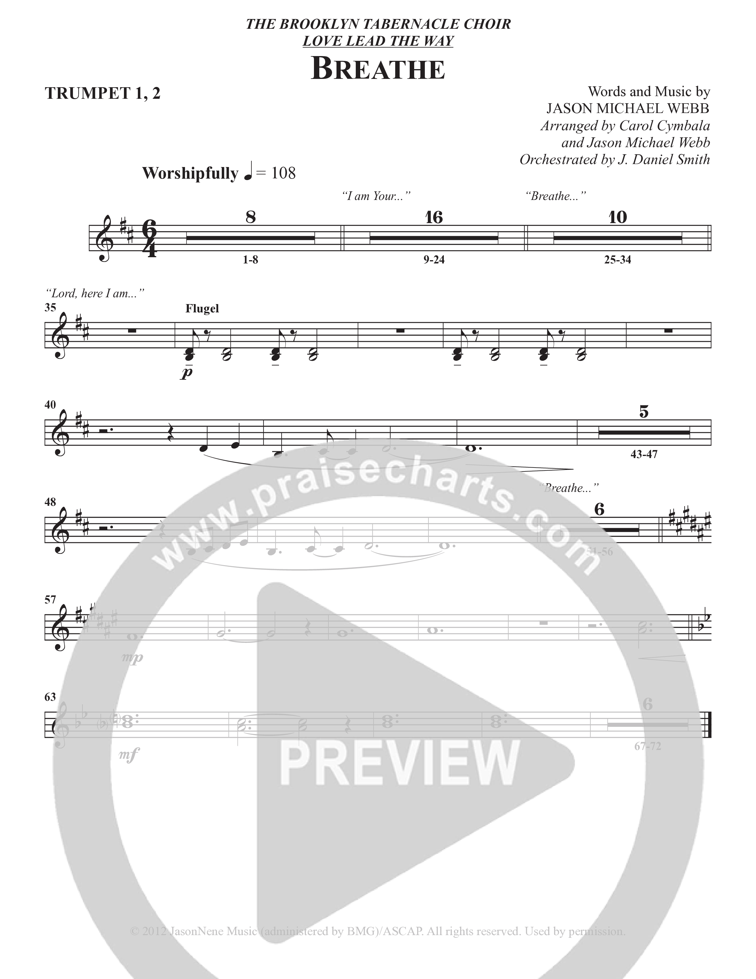 Breathe (Choral Anthem SATB) Trumpet 1,2 (The Brooklyn Tabernacle Choir / Arr. Carol Cymbala / Arr. Jason Webb / Orch. J. Daniel Smith)