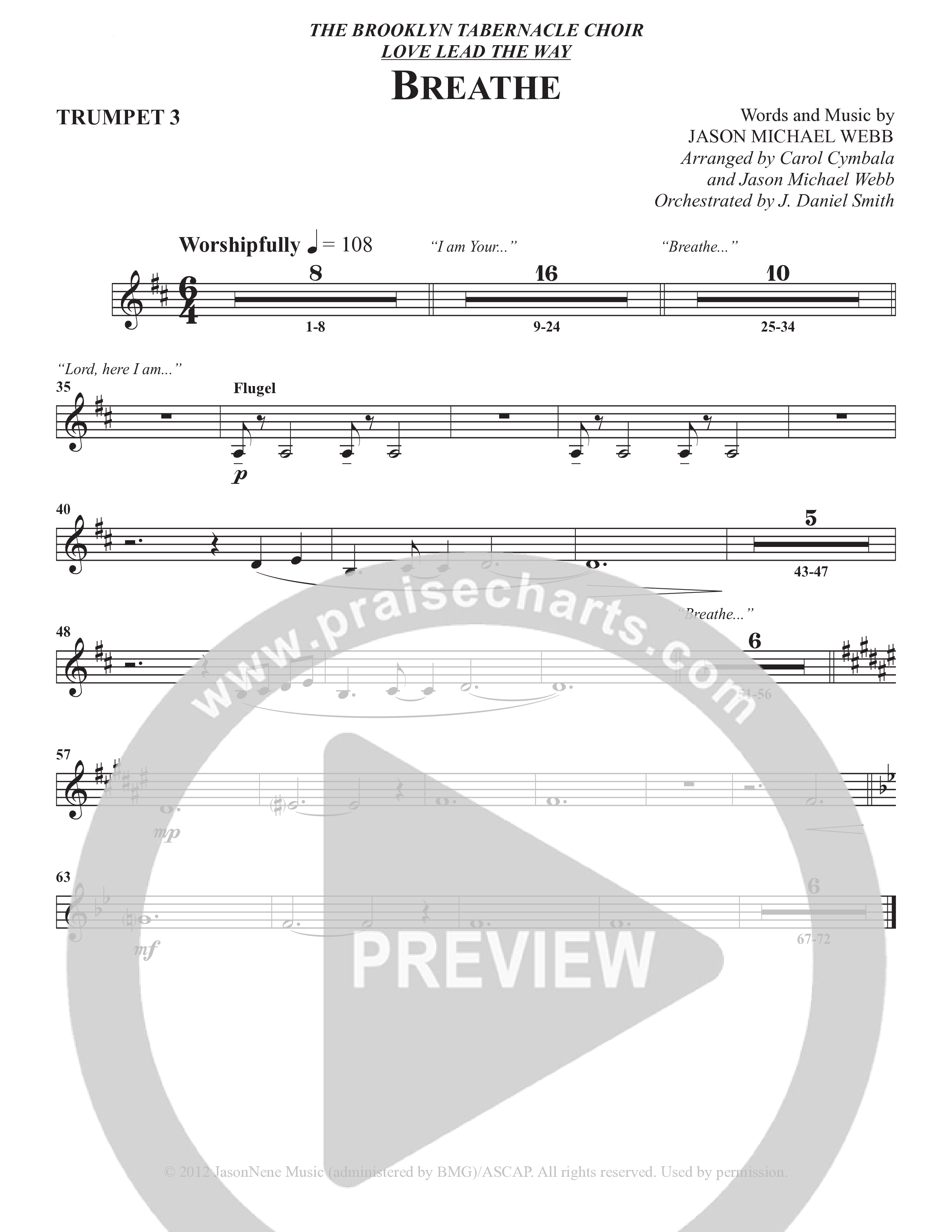 Breathe (Choral Anthem SATB) Trumpet 3 (The Brooklyn Tabernacle Choir / Arr. Carol Cymbala / Arr. Jason Webb / Orch. J. Daniel Smith)