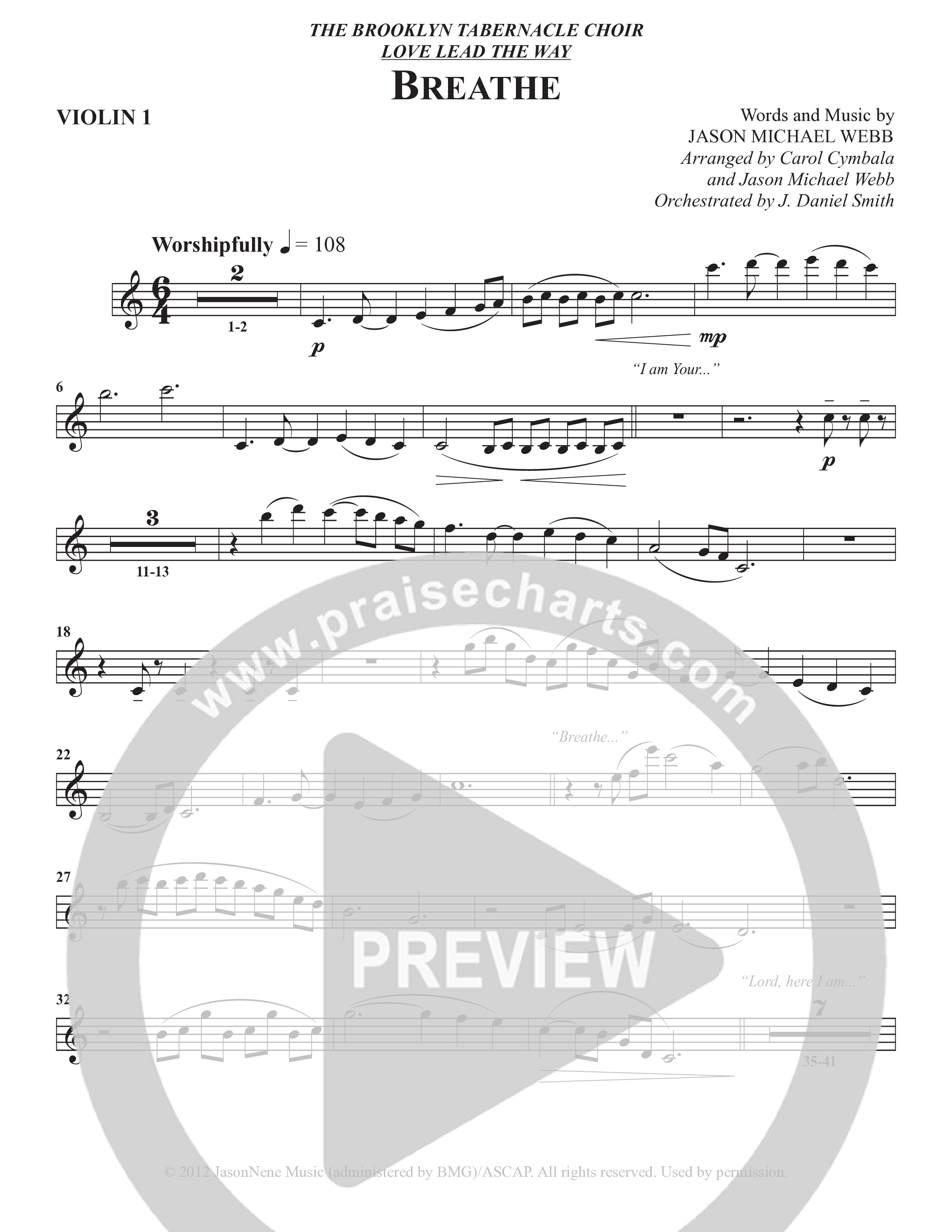 Breathe (Choral Anthem SATB) Violin 1 (The Brooklyn Tabernacle Choir / Arr. Carol Cymbala / Arr. Jason Webb / Orch. J. Daniel Smith)