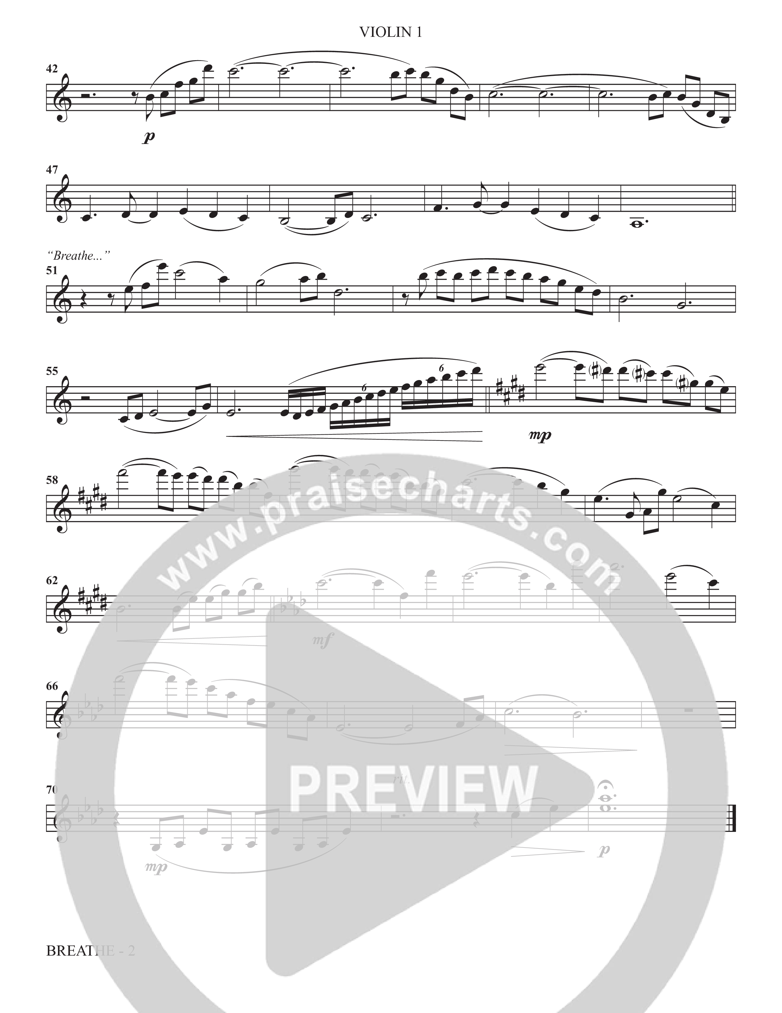 Breathe (Choral Anthem SATB) Violin 1 (The Brooklyn Tabernacle Choir / Arr. Carol Cymbala / Arr. Jason Webb / Orch. J. Daniel Smith)
