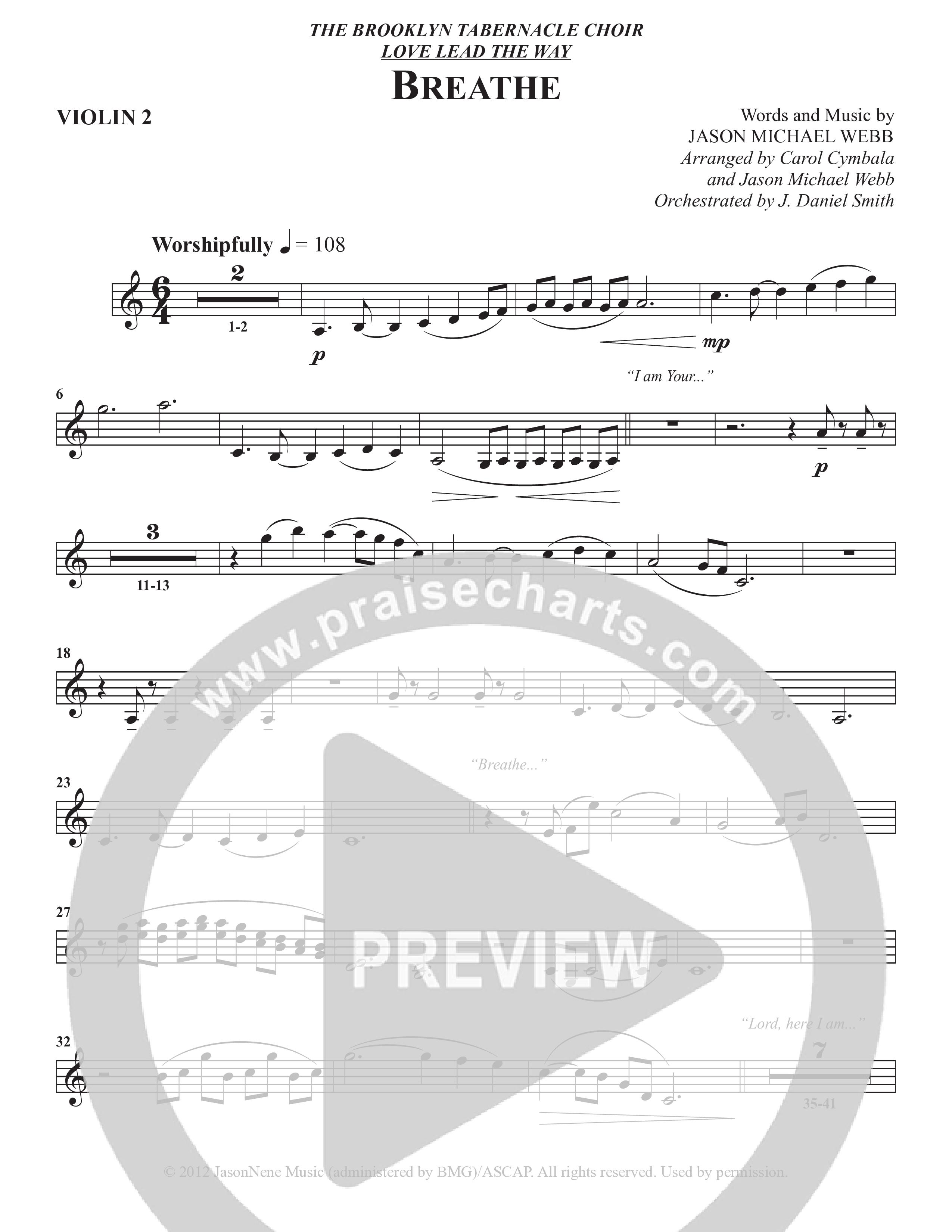 Breathe (Choral Anthem SATB) Violin 2 (The Brooklyn Tabernacle Choir / Arr. Carol Cymbala / Arr. Jason Webb / Orch. J. Daniel Smith)