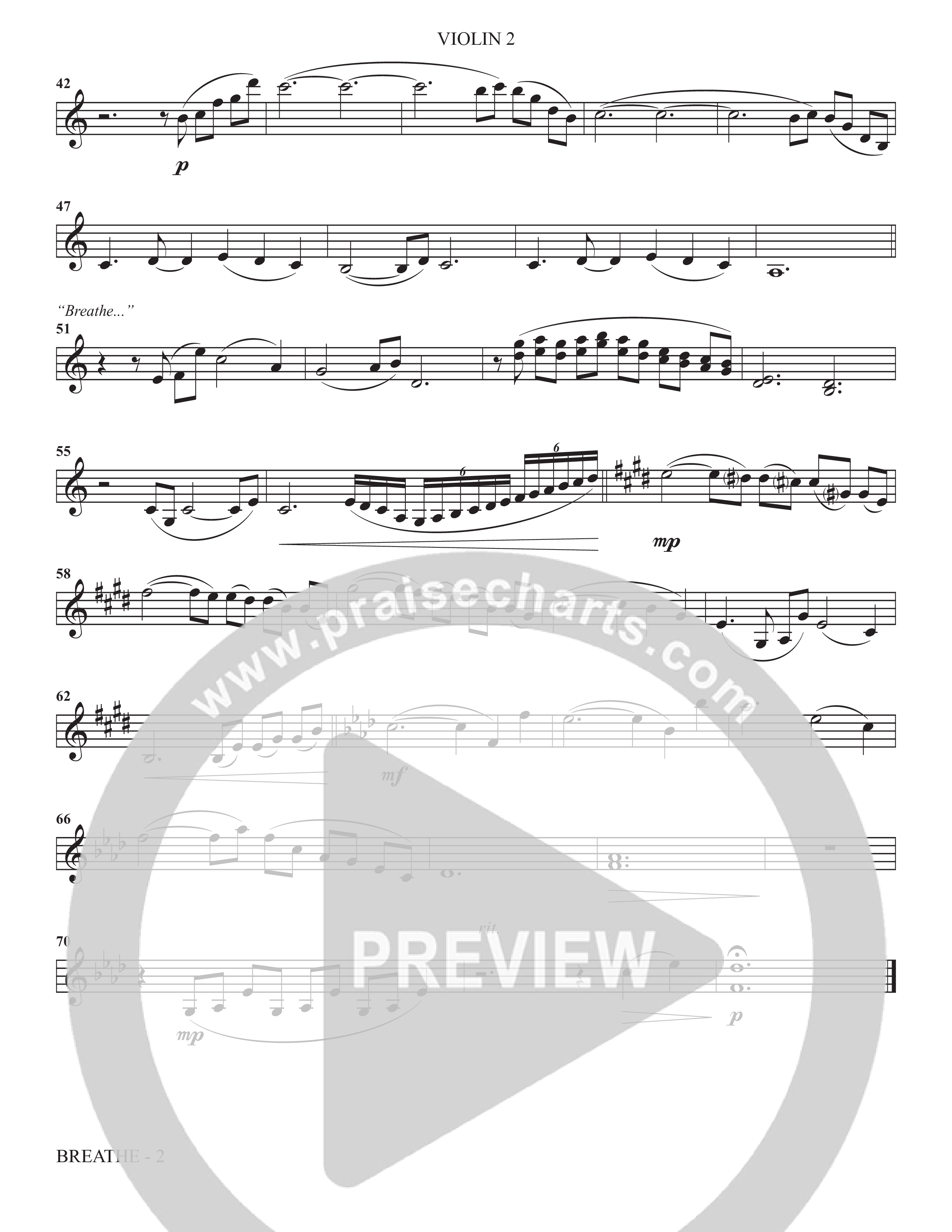 Breathe (Choral Anthem SATB) Violin 2 (The Brooklyn Tabernacle Choir / Arr. Carol Cymbala / Arr. Jason Webb / Orch. J. Daniel Smith)