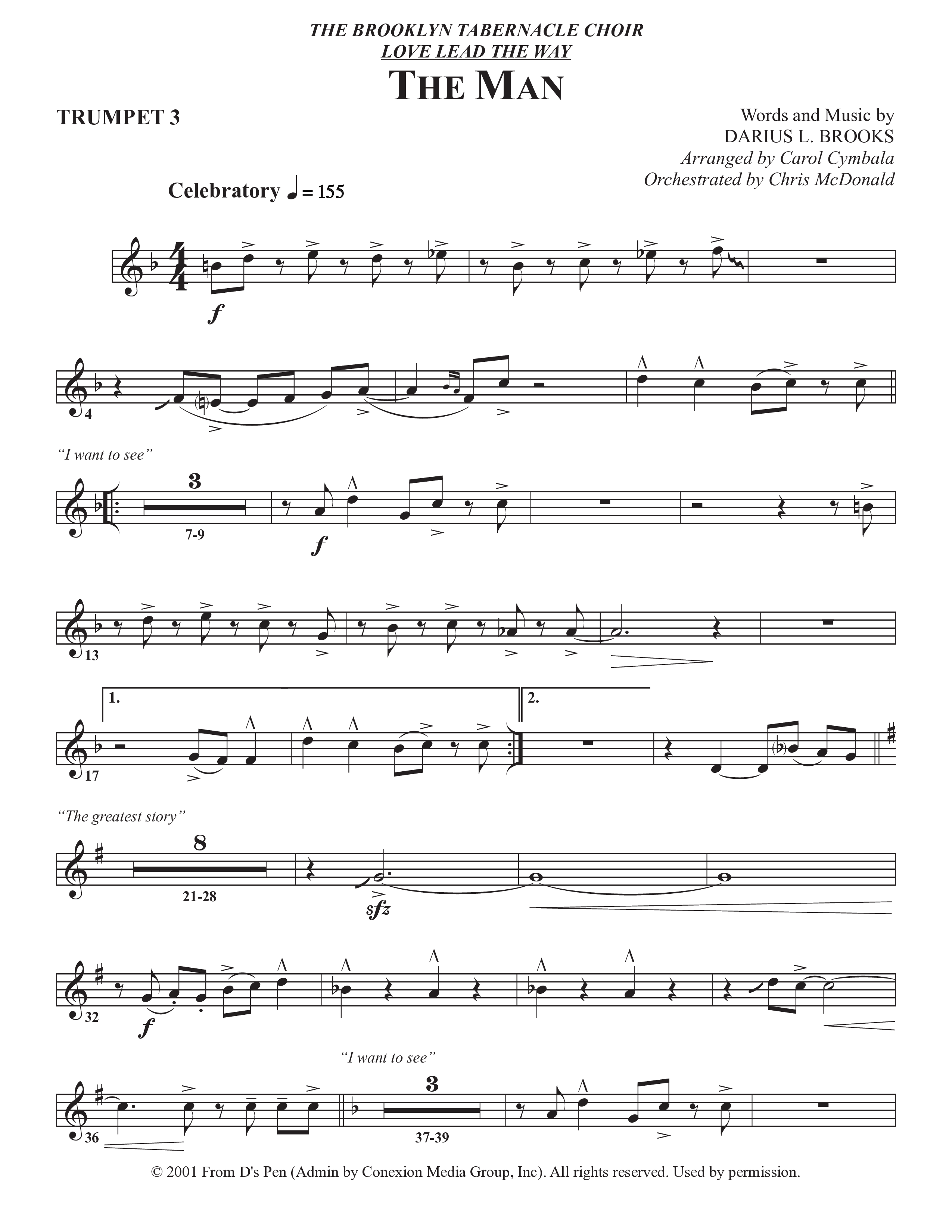 The Man (Choral Anthem SATB) Trumpet 3 (The Brooklyn Tabernacle Choir / Arr. Carol Cymbala / Orch. Chris McDonald)