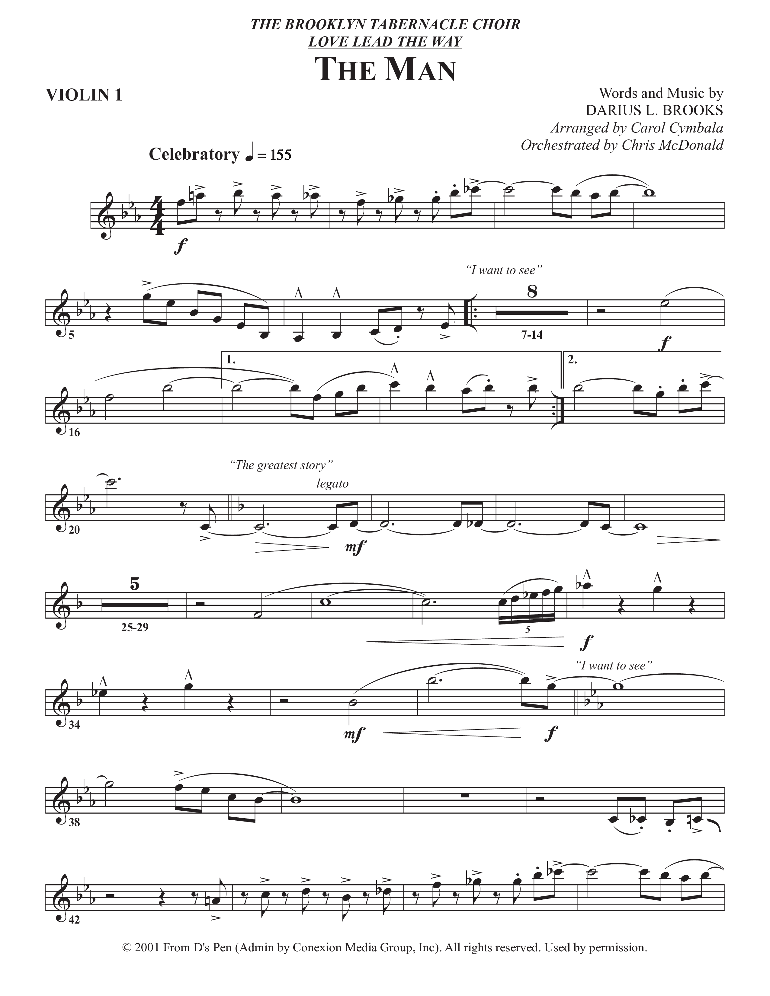 The Man (Choral Anthem SATB) Violin 1 (The Brooklyn Tabernacle Choir / Arr. Carol Cymbala / Orch. Chris McDonald)