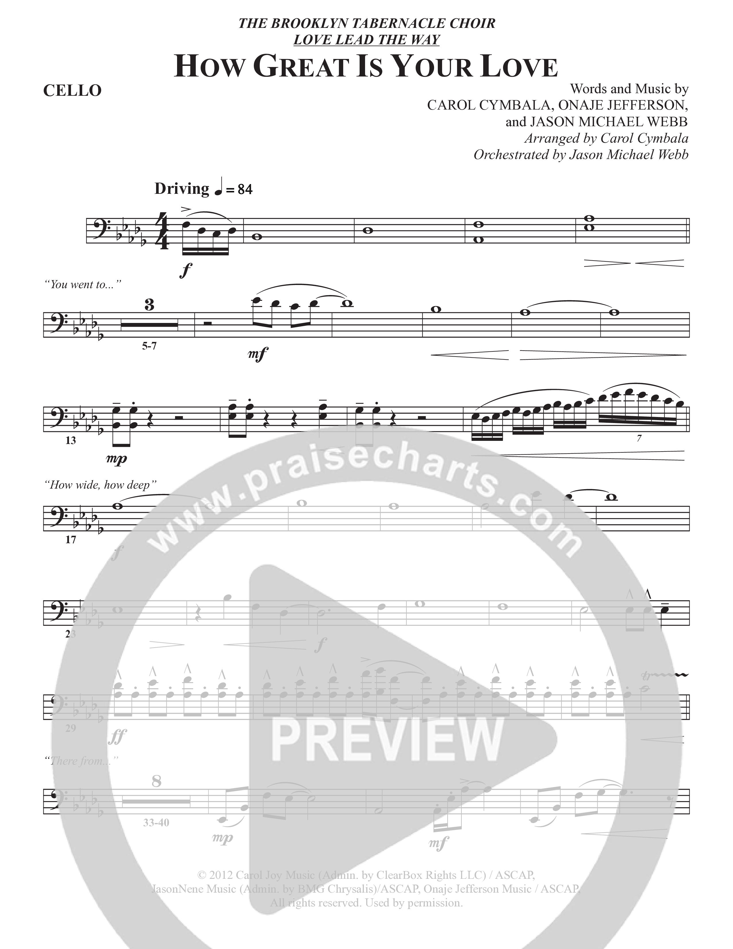 How Great Is Your Love (Choral Anthem SATB) Cello (The Brooklyn Tabernacle Choir / Arr. Carol Cymbala / Orch. Jason Michael Webb)