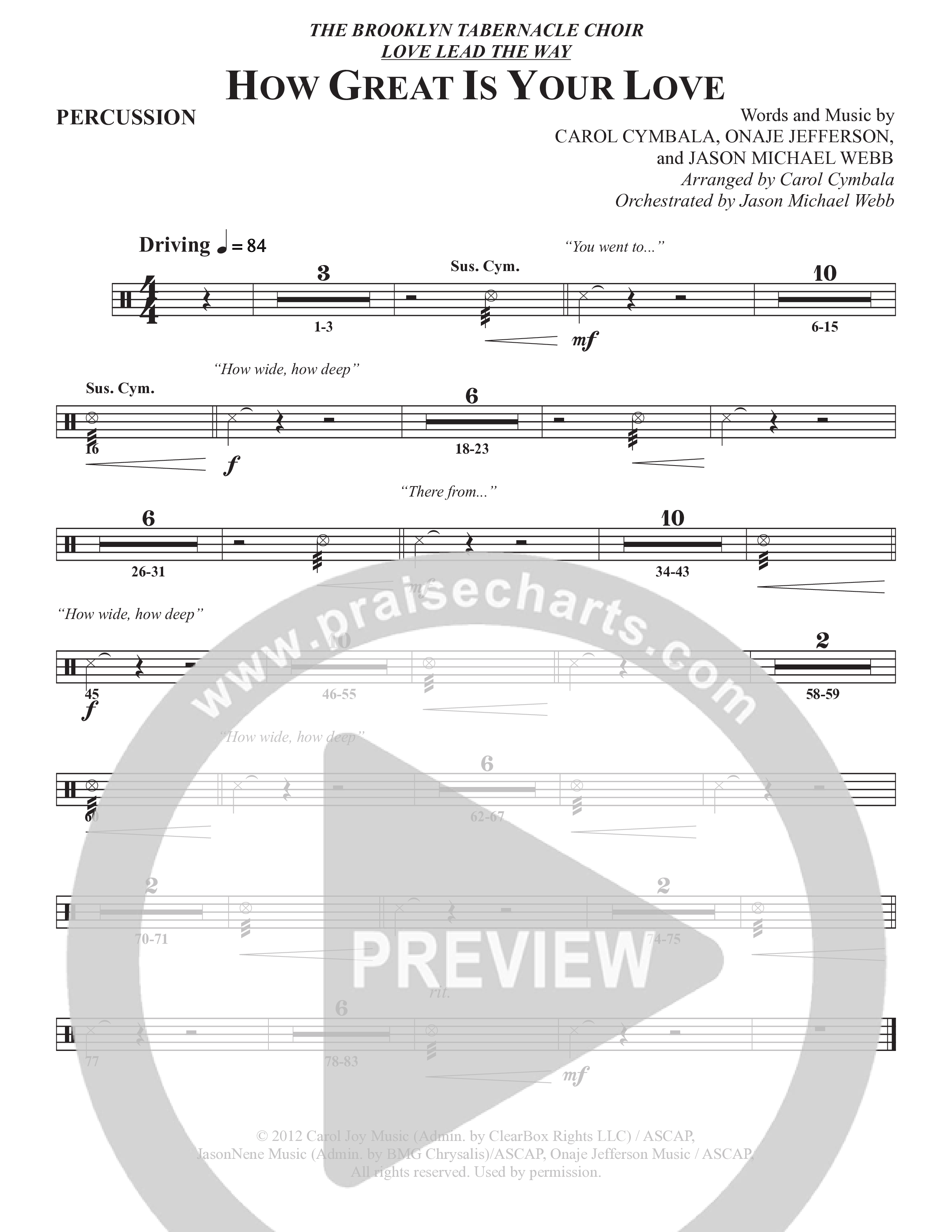 How Great Is Your Love (Choral Anthem SATB) Percussion (The Brooklyn Tabernacle Choir / Arr. Carol Cymbala / Orch. Jason Michael Webb)
