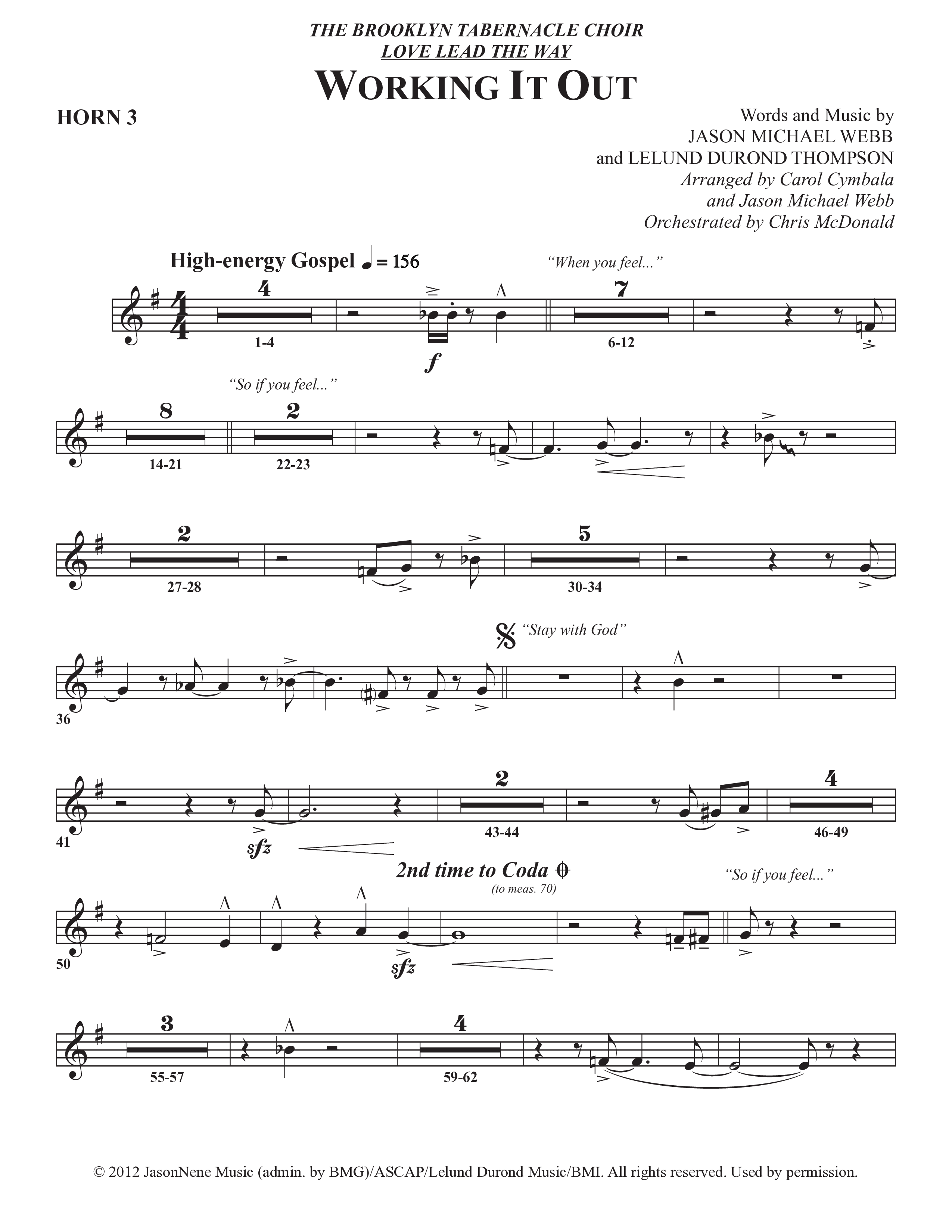 Working It Out (Choral Anthem SATB) French Horn 3 (The Brooklyn Tabernacle Choir / Arr. Carol Cymbala / Arr. Jason Webb / Orch. Chris McDonald)