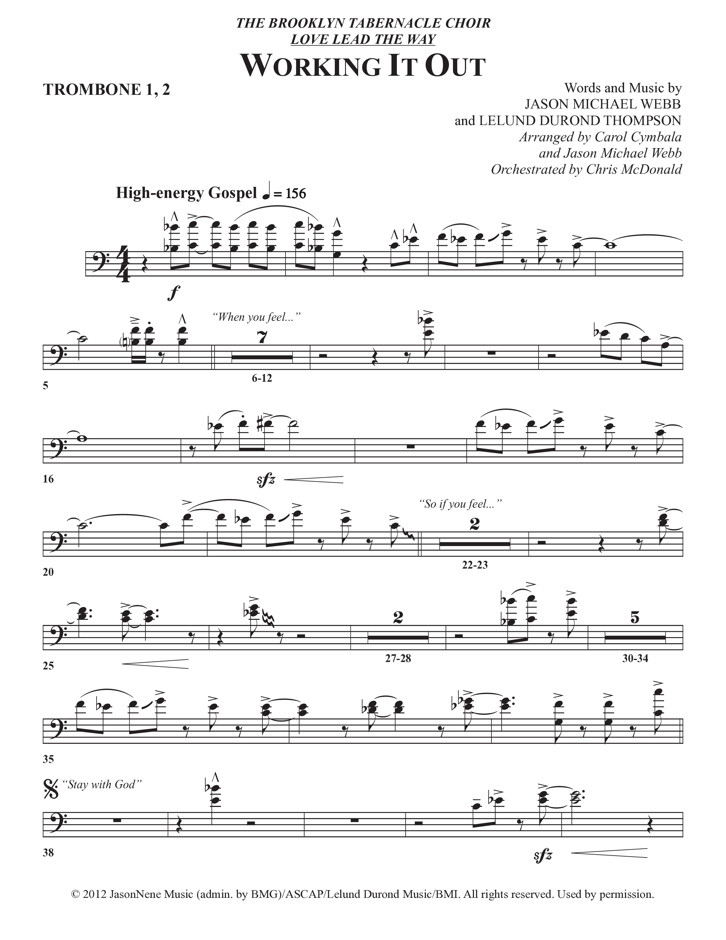 Working It Out (Choral Anthem SATB) Trombone 1/2 (The Brooklyn Tabernacle Choir / Arr. Carol Cymbala / Arr. Jason Webb / Orch. Chris McDonald)