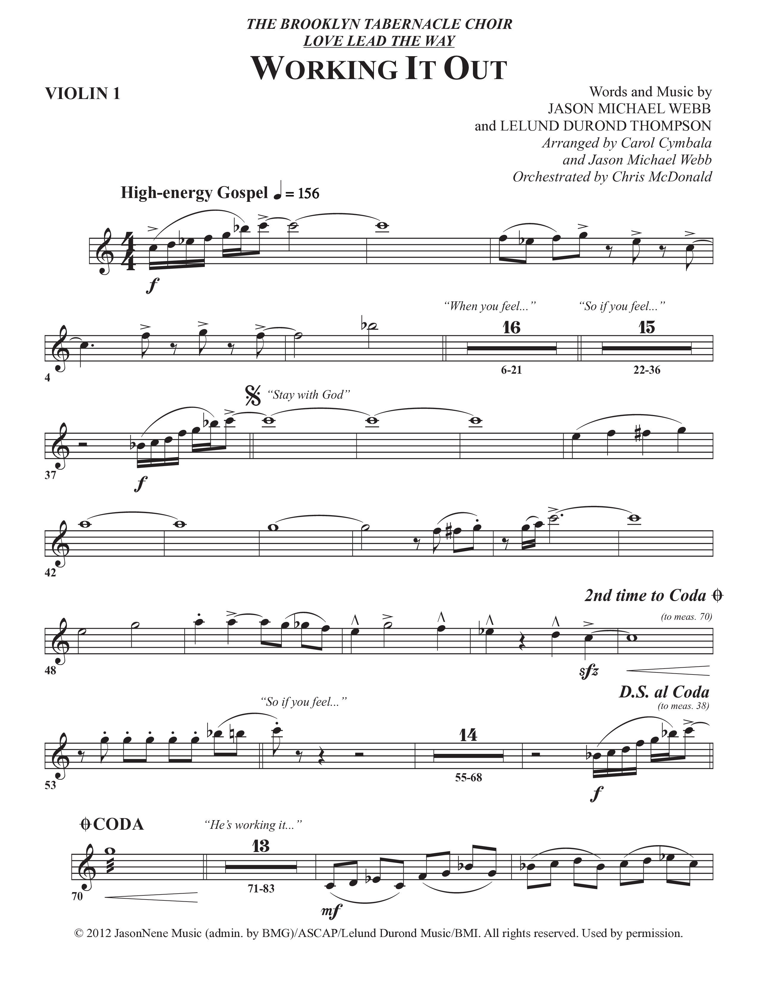 Working It Out (Choral Anthem SATB) Violin 1 (The Brooklyn Tabernacle Choir / Arr. Carol Cymbala / Arr. Jason Webb / Orch. Chris McDonald)