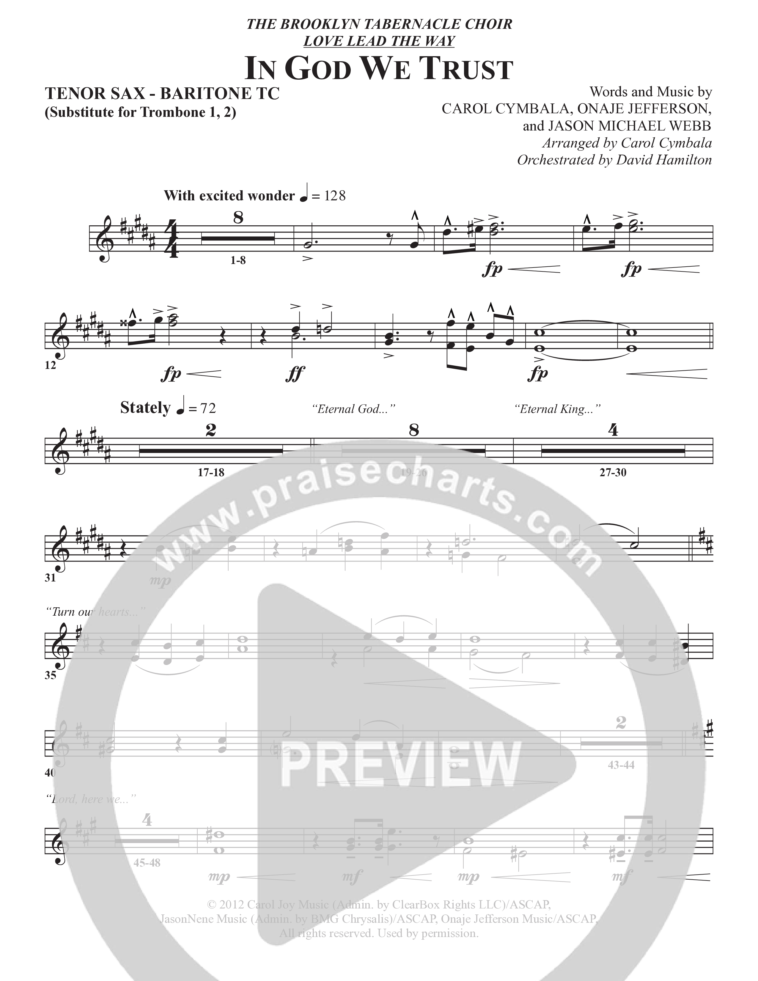 In God We Trust (Choral Anthem SATB) Tenor Sax/Baritone T.C. (The Brooklyn Tabernacle Choir / Arr. Carol Cymbala / Orch. David Hamilton)