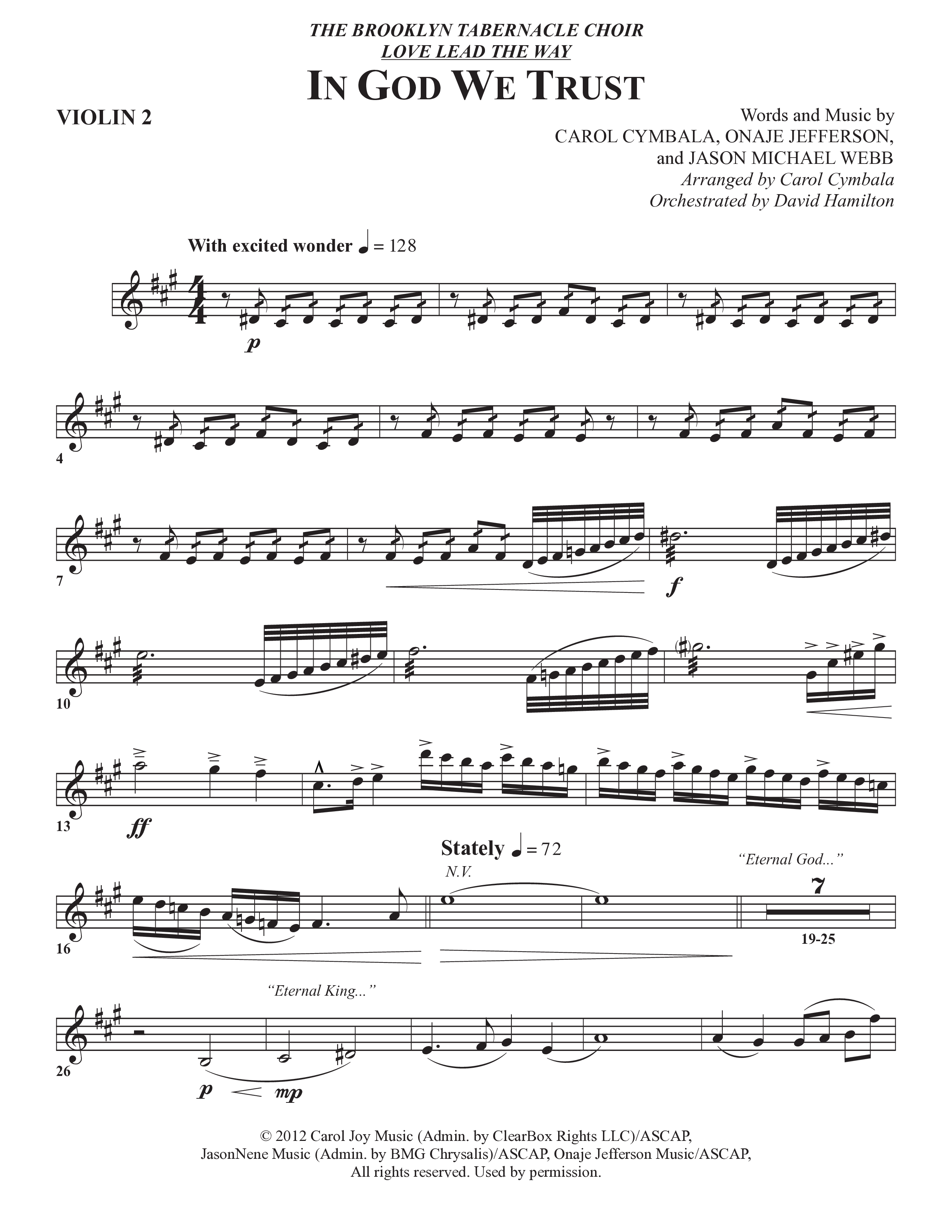 In God We Trust (Choral Anthem SATB) Violin 2 (The Brooklyn Tabernacle Choir / Arr. Carol Cymbala / Orch. David Hamilton)