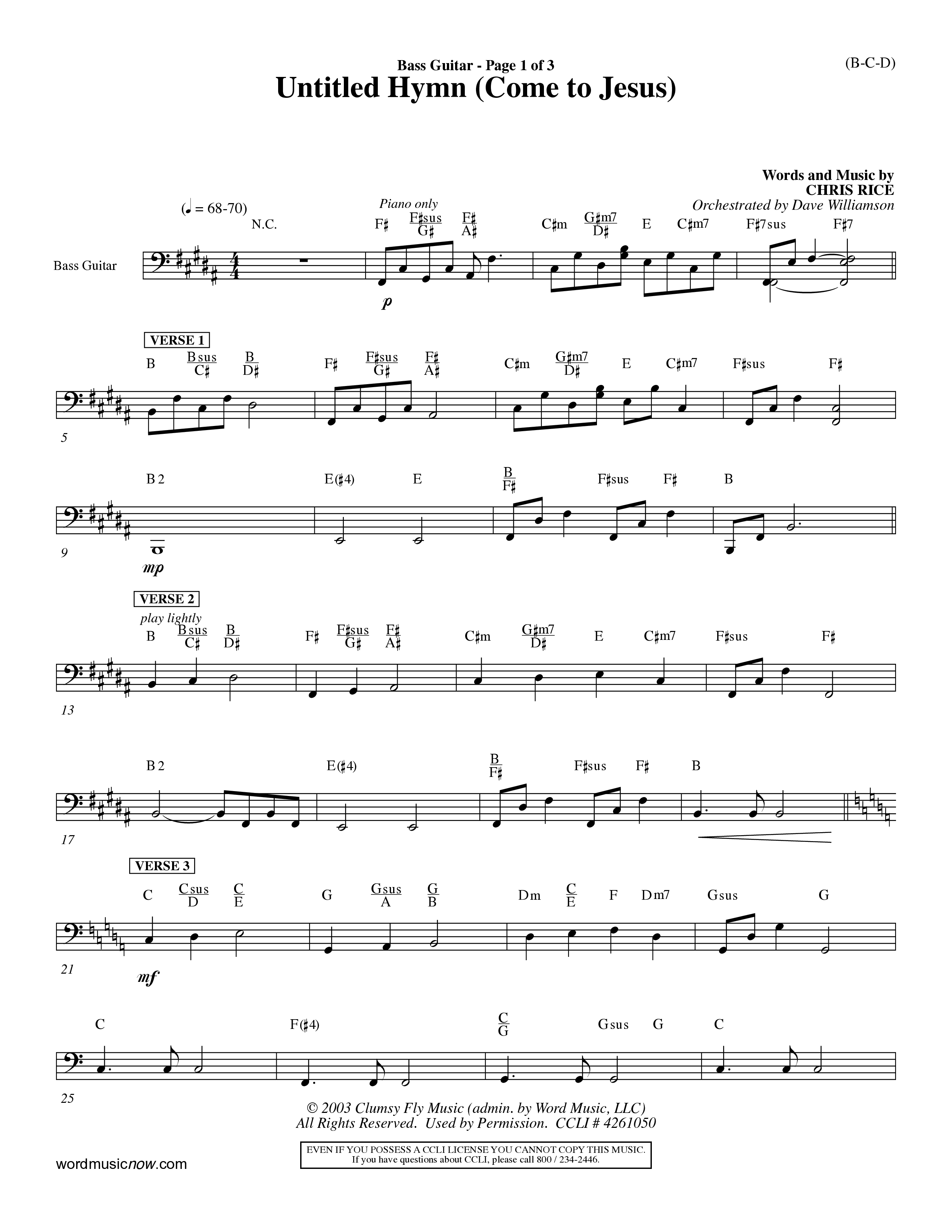 Untitled Hymn (Come To Jesus) (Choral Anthem SATB) Bass Guitar (Word Music Choral / Orch. Dave Williamson)