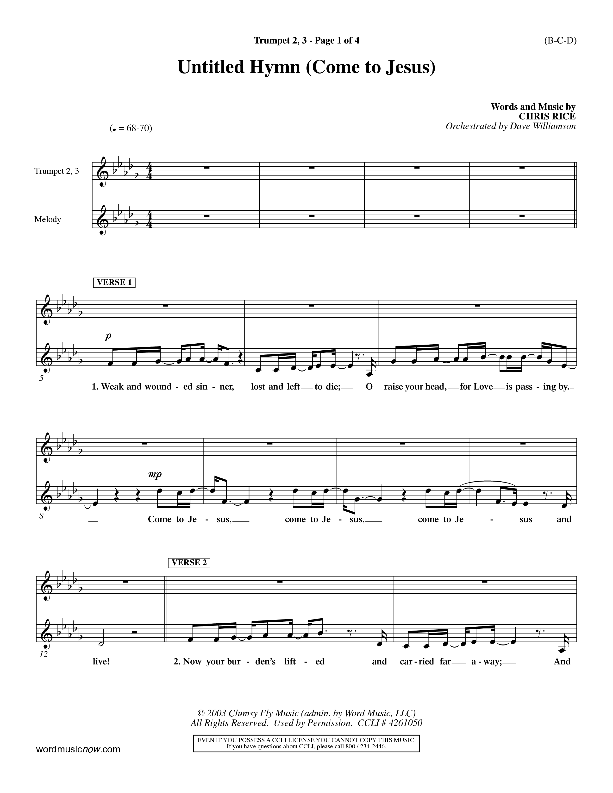 Untitled Hymn (Come To Jesus) (Choral Anthem SATB) Trumpet 2/3 (Word Music Choral / Orch. Dave Williamson)