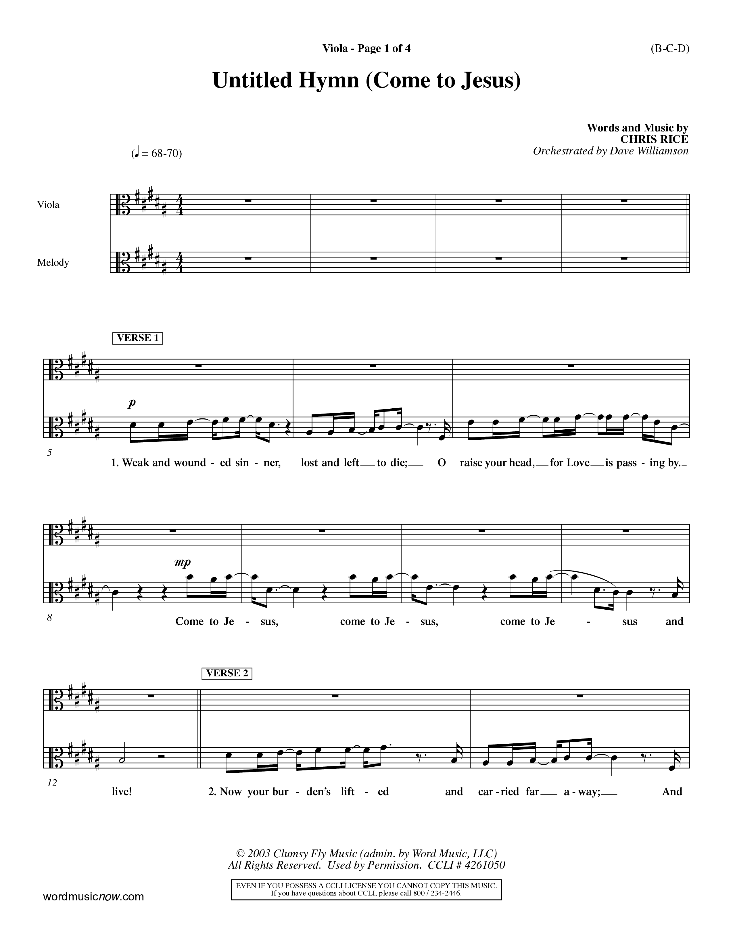 Untitled Hymn (Come To Jesus) (Choral Anthem SATB) Viola (Word Music Choral / Orch. Dave Williamson)