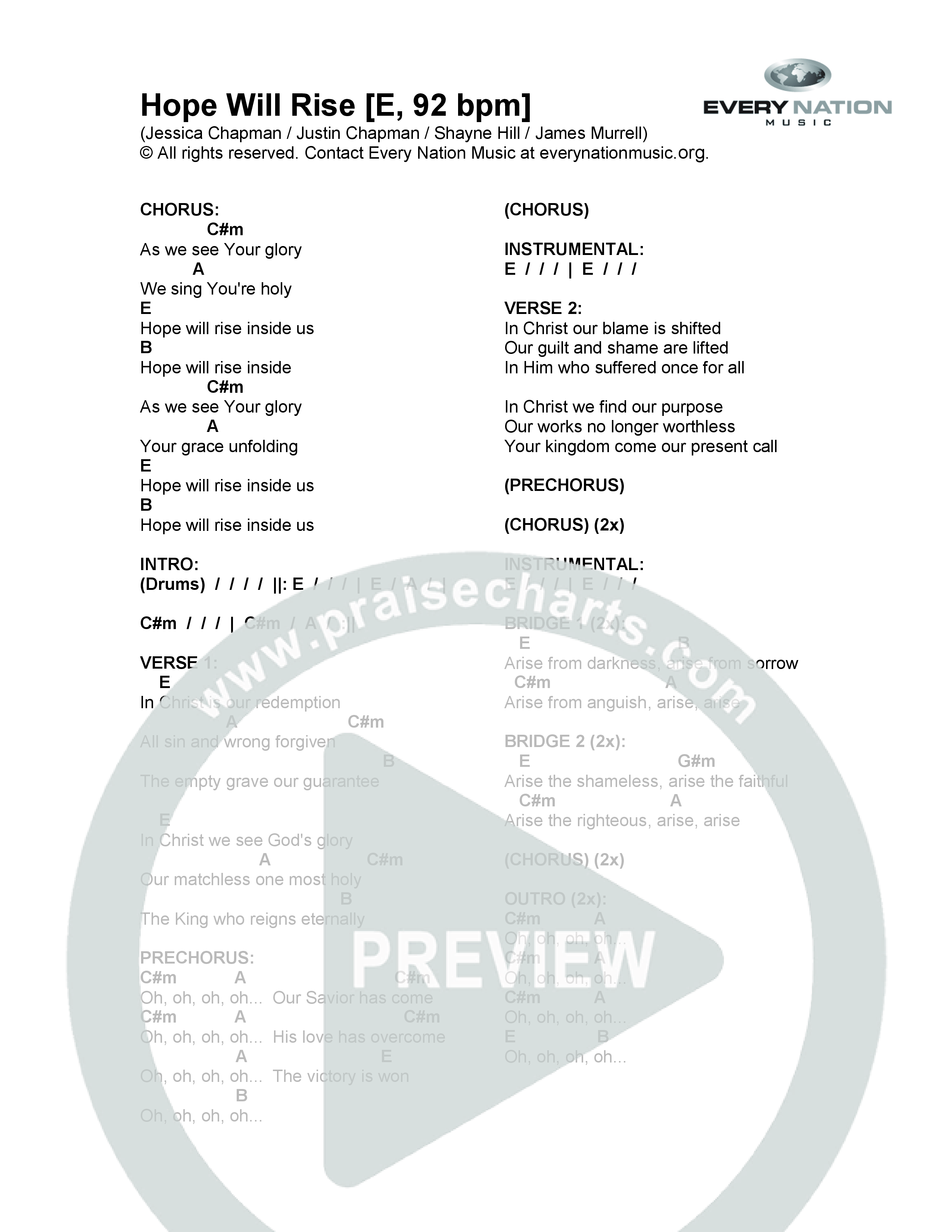 Hope Will Rise Chord Chart (Every Nation Music)