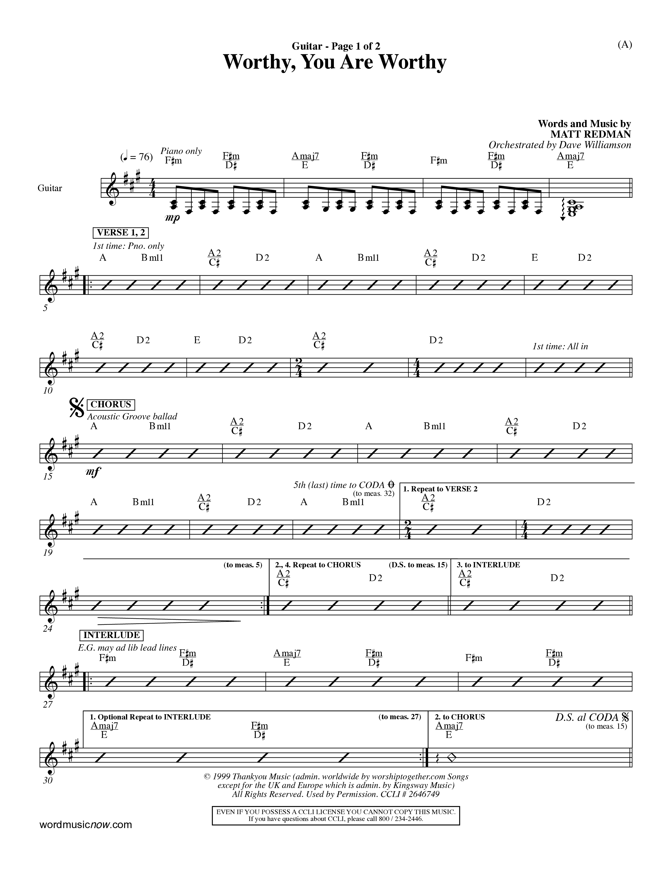 Worthy You Are Worthy (Choral Anth SATB) Acoustic Guitar (Word Music Choral / Orch. Dave Williamson)