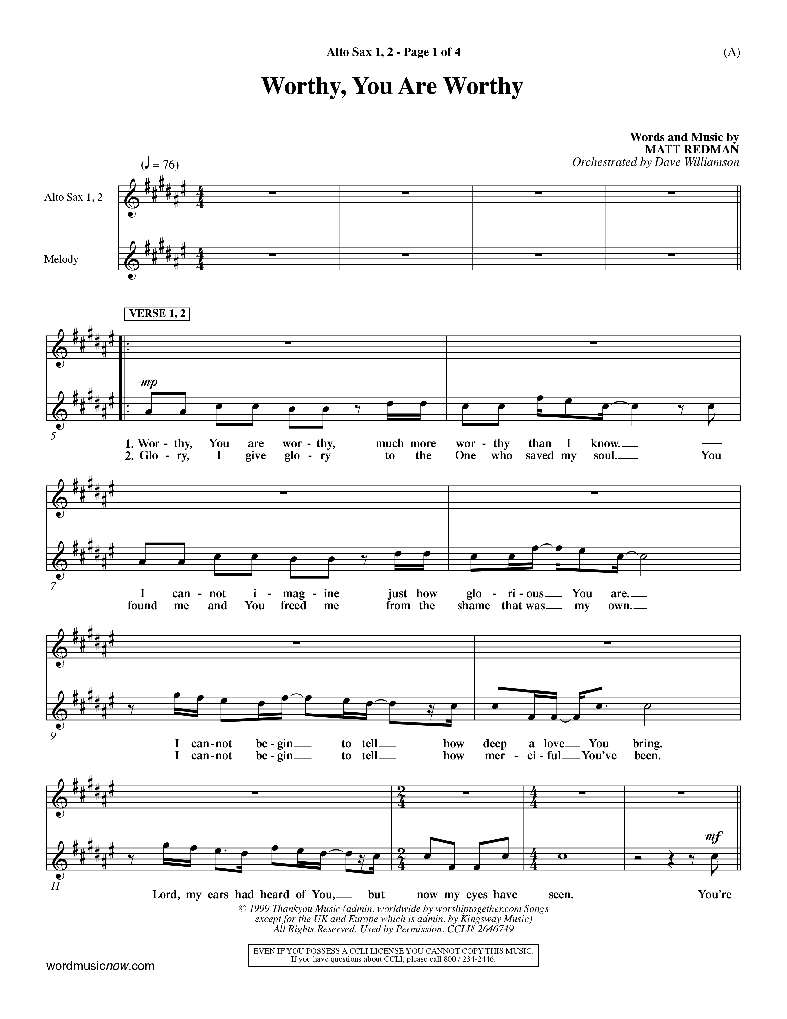 Worthy You Are Worthy (Choral Anth SATB) Alto Sax 1/2 (Word Music Choral / Orch. Dave Williamson)