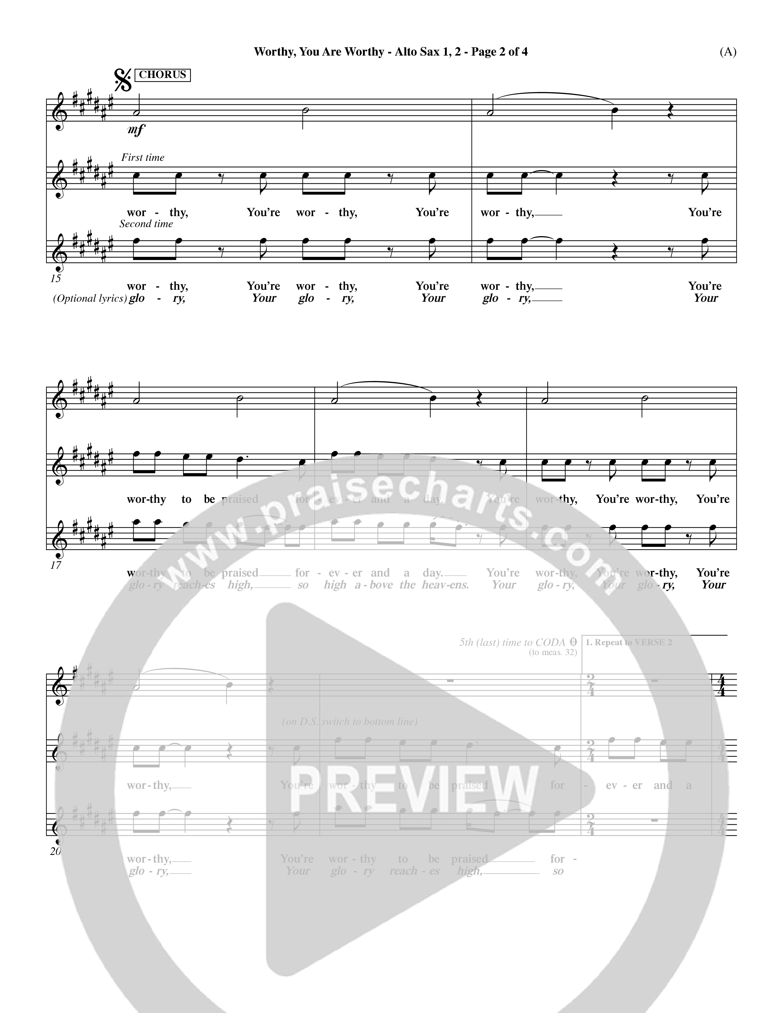 Worthy You Are Worthy (Choral Anth SATB) Alto Sax 1/2 (Word Music Choral / Orch. Dave Williamson)