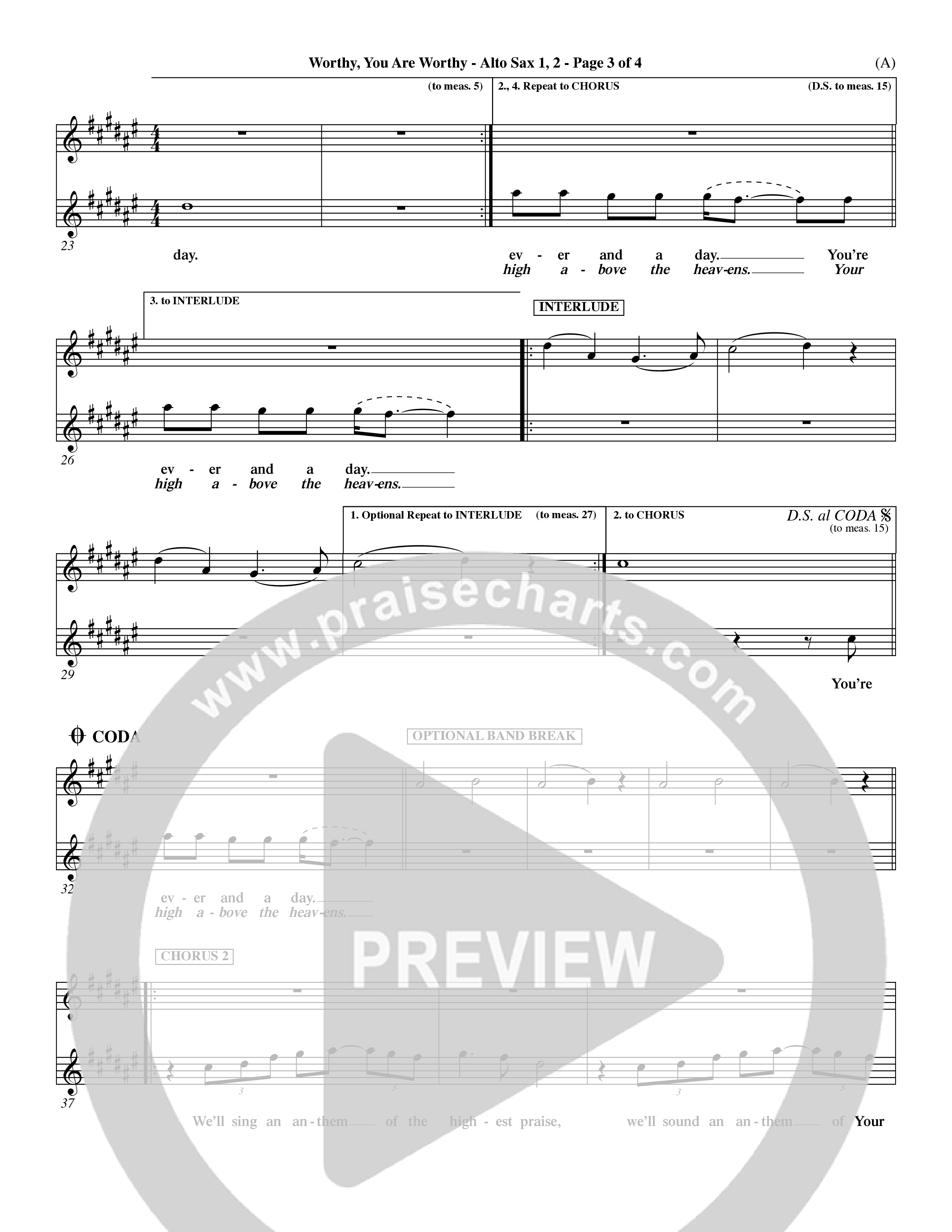 Worthy You Are Worthy (Choral Anth SATB) Alto Sax 1/2 (Word Music Choral / Orch. Dave Williamson)