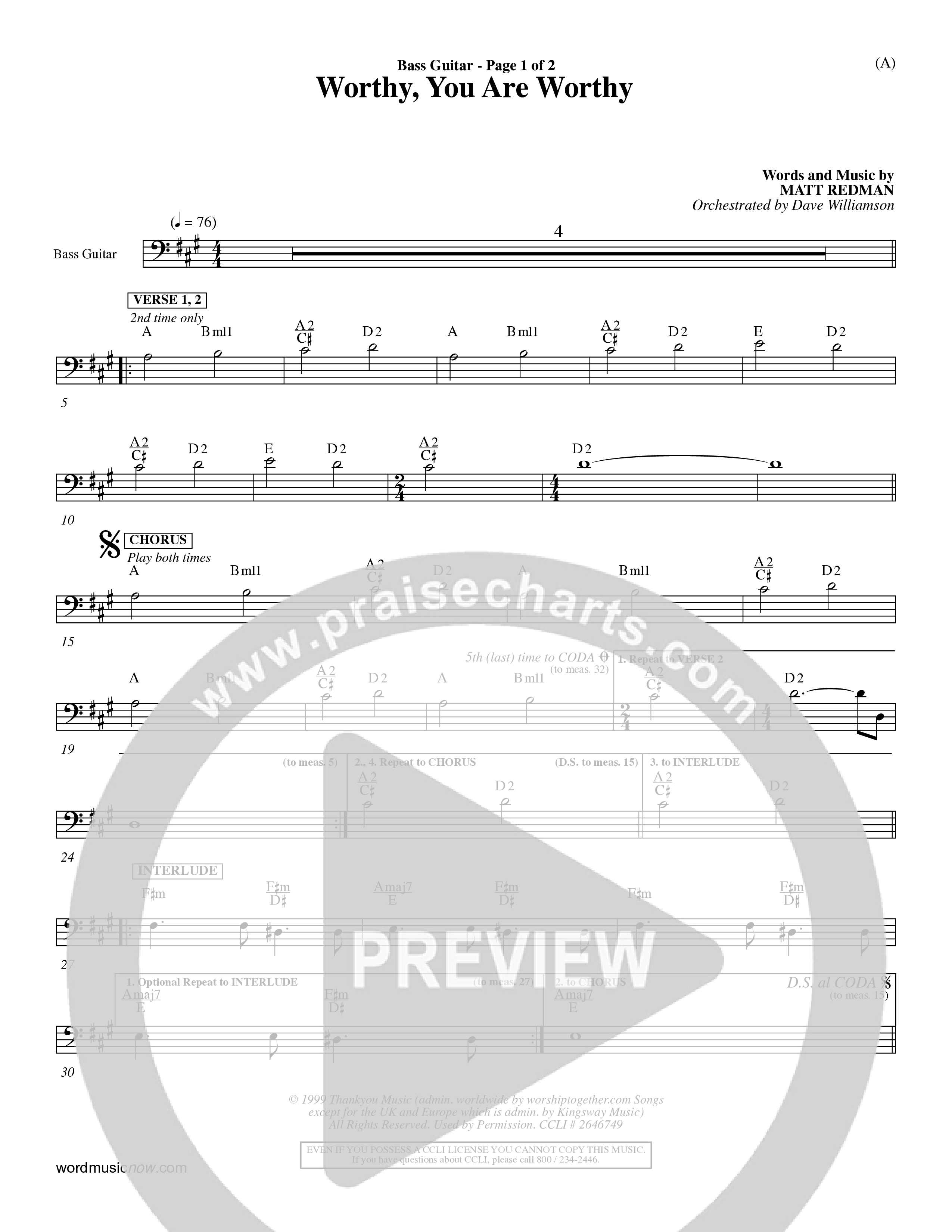 Worthy You Are Worthy (Choral Anth SATB) Bass Guitar (Word Music Choral / Orch. Dave Williamson)