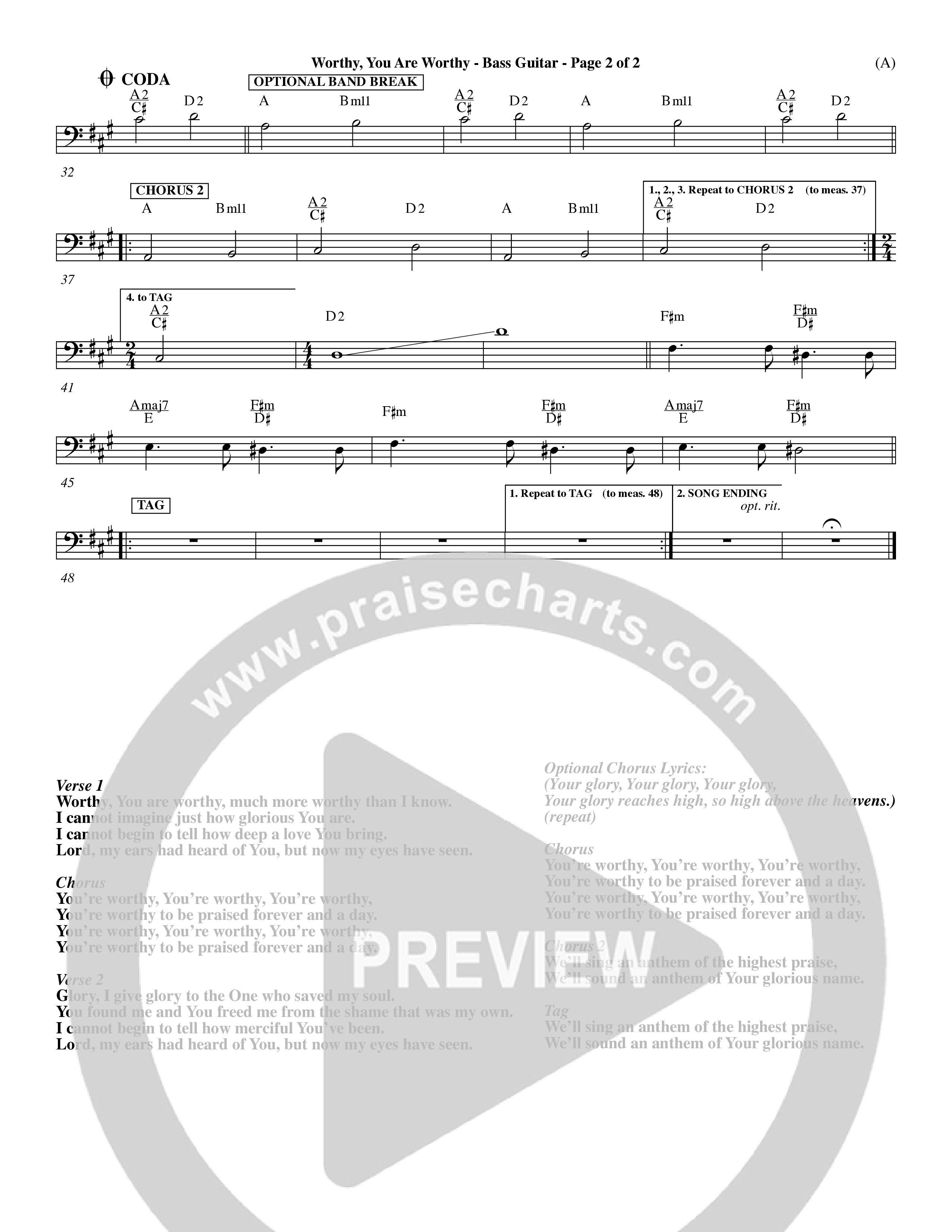 Worthy You Are Worthy (Choral Anth SATB) Bass Guitar (Word Music Choral / Orch. Dave Williamson)
