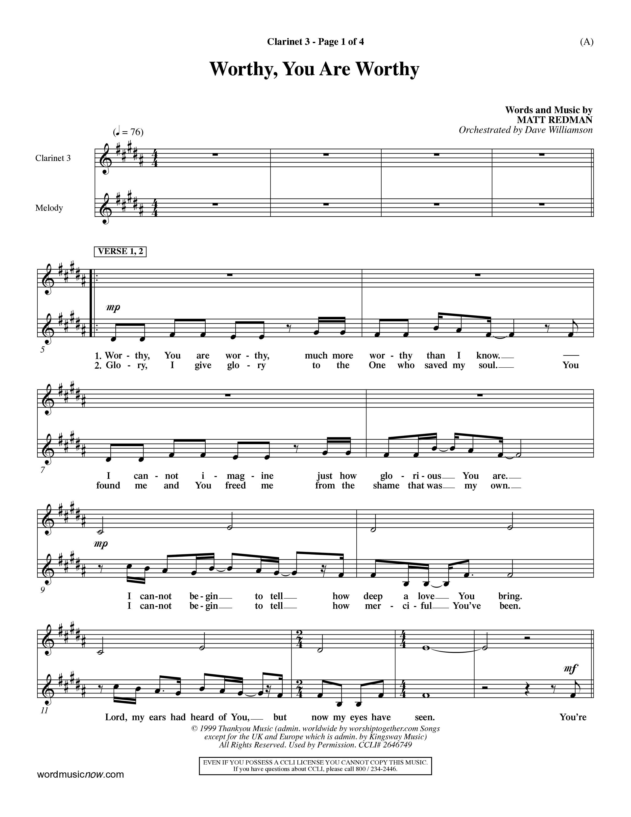 Worthy You Are Worthy (Choral Anth SATB) Clarinet 3 (Word Music Choral / Orch. Dave Williamson)