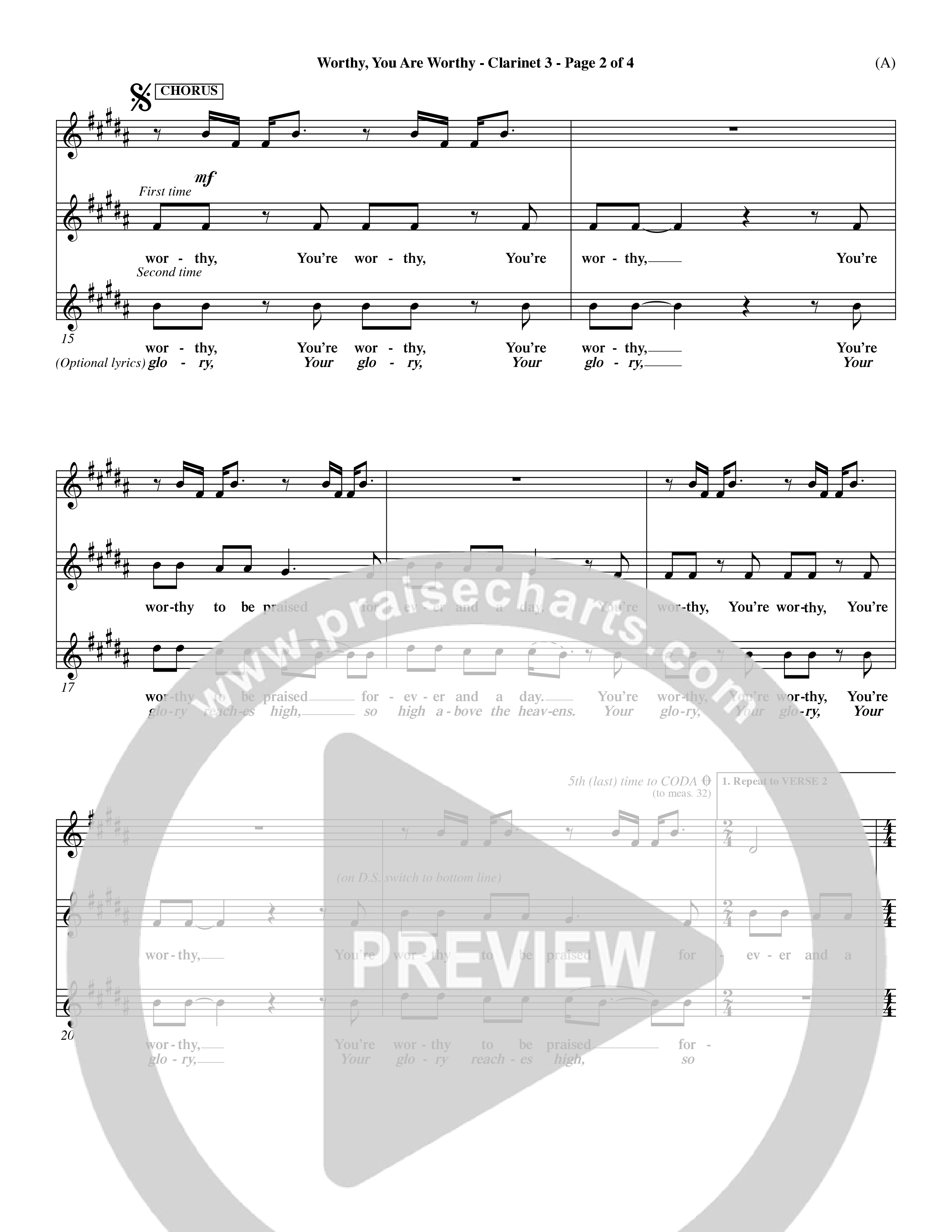 Worthy You Are Worthy (Choral Anth SATB) Clarinet 3 (Word Music Choral / Orch. Dave Williamson)