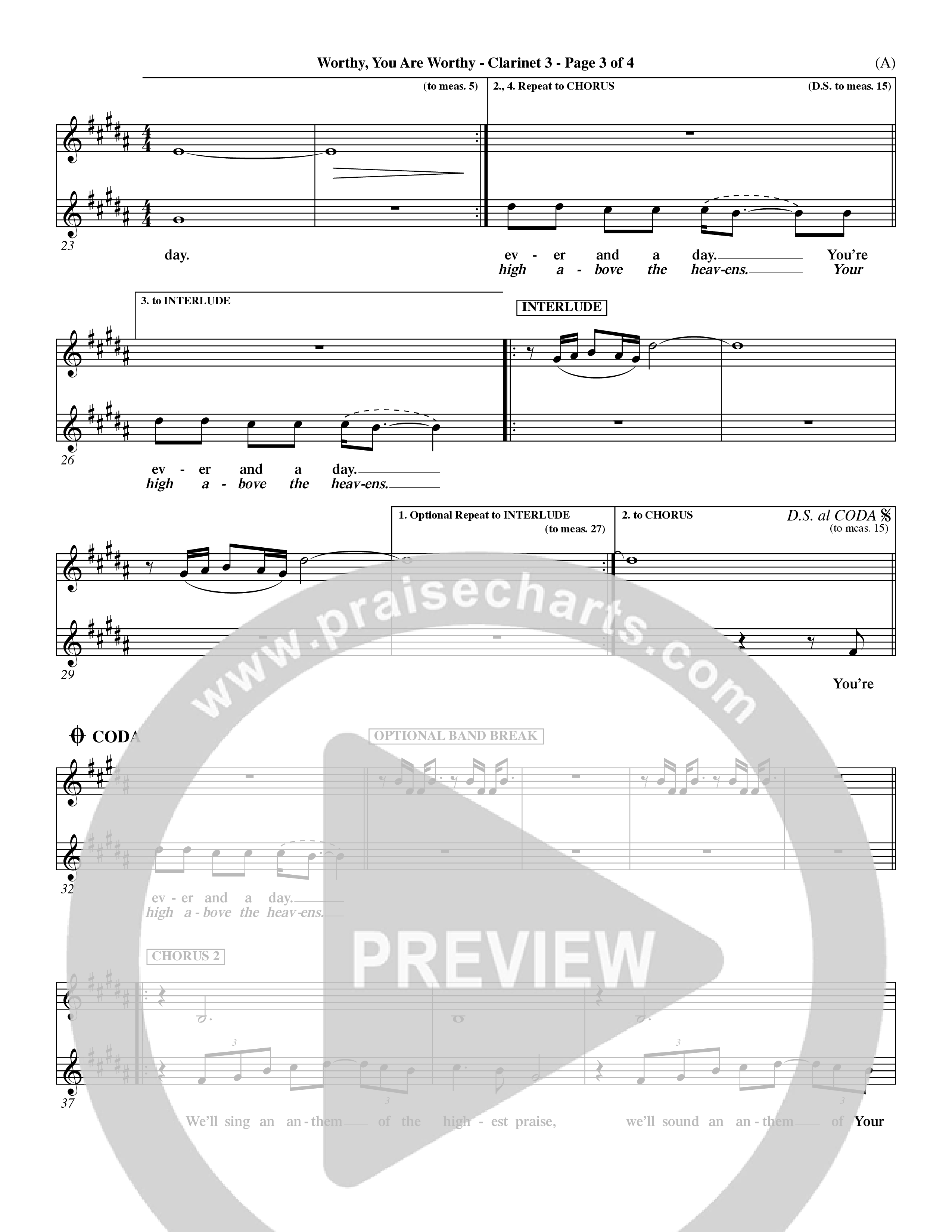 Worthy You Are Worthy (Choral Anth SATB) Clarinet 3 (Word Music Choral / Orch. Dave Williamson)