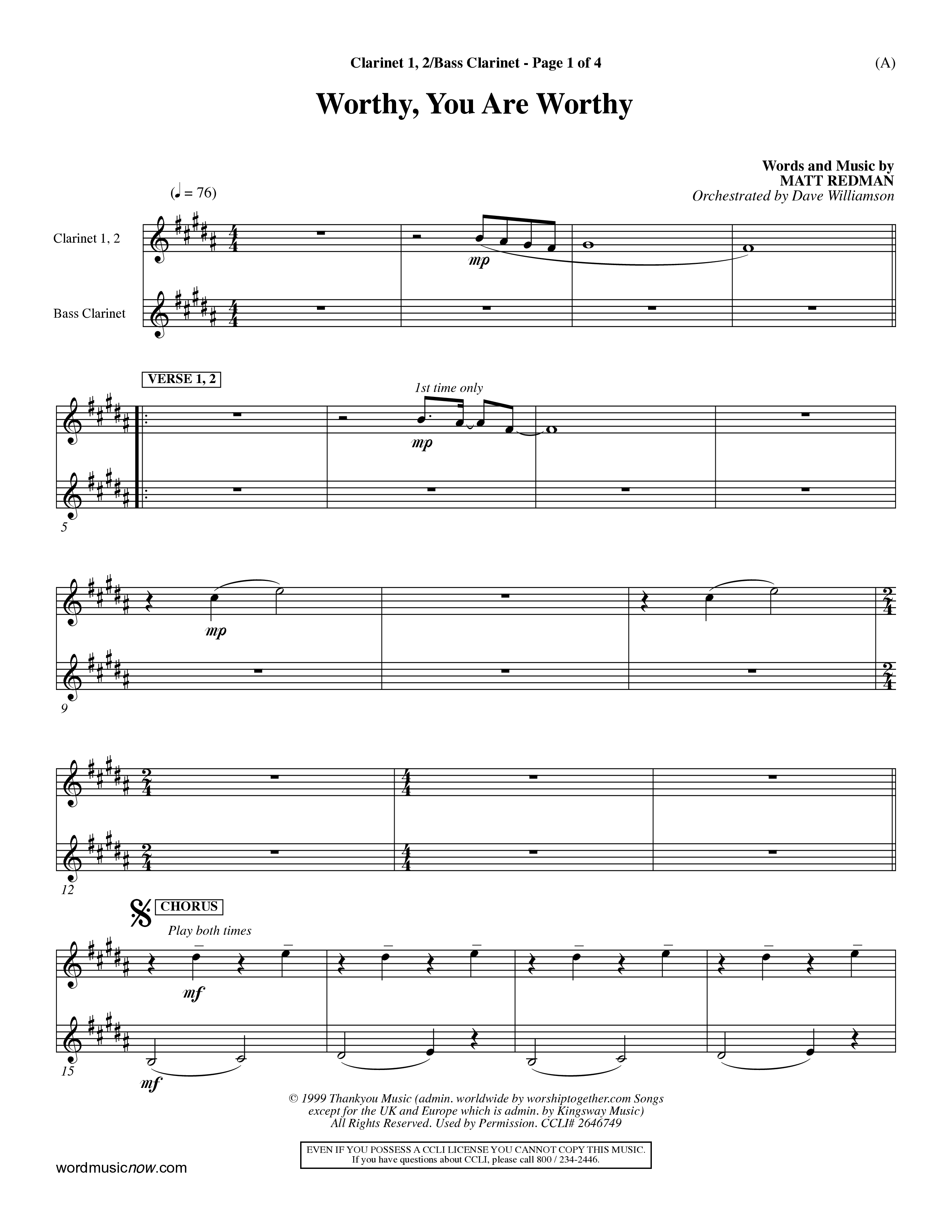 Worthy You Are Worthy (Choral Anth SATB) Clarinet (Word Music Choral / Orch. Dave Williamson)
