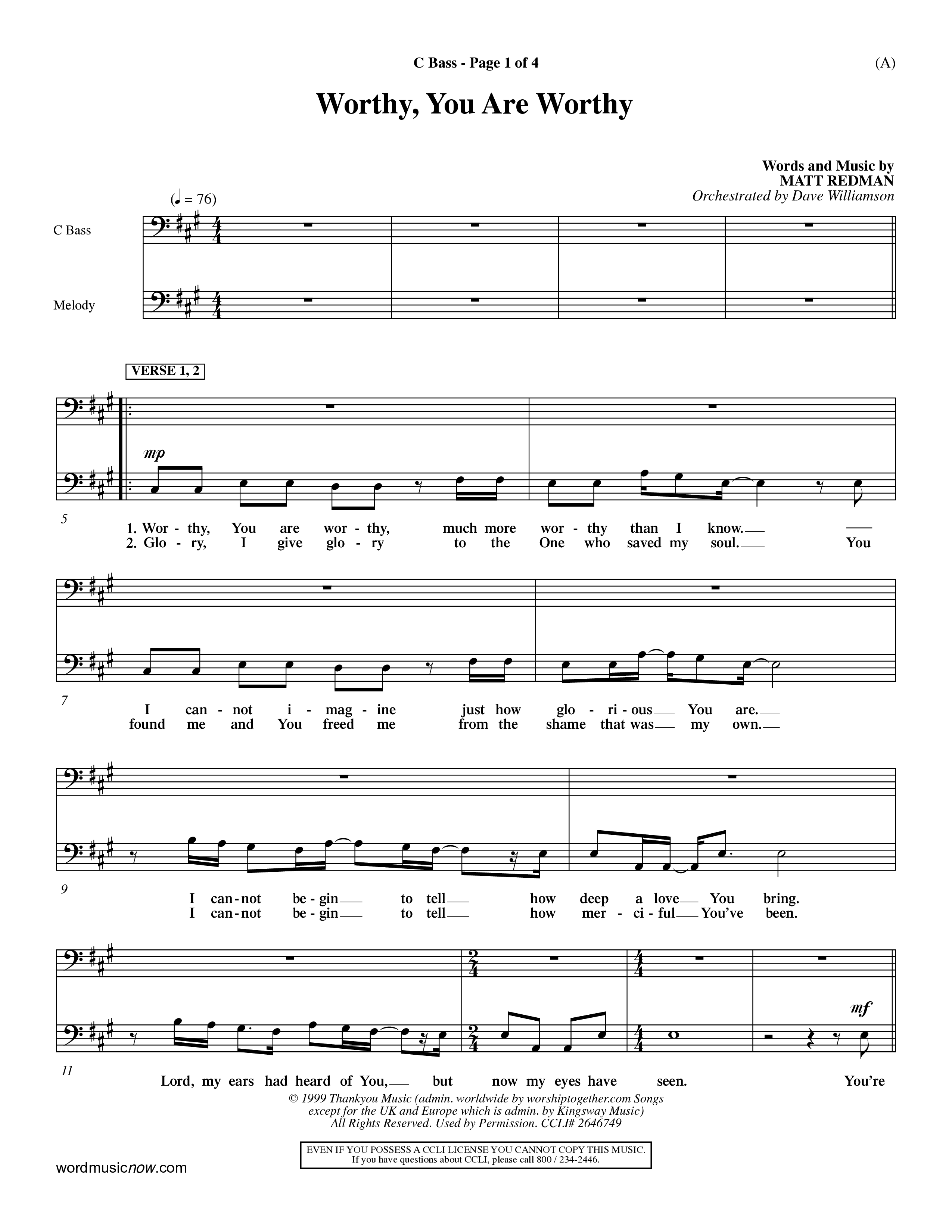 Worthy You Are Worthy (Choral Anth SATB) Contrabass (Word Music Choral / Orch. Dave Williamson)