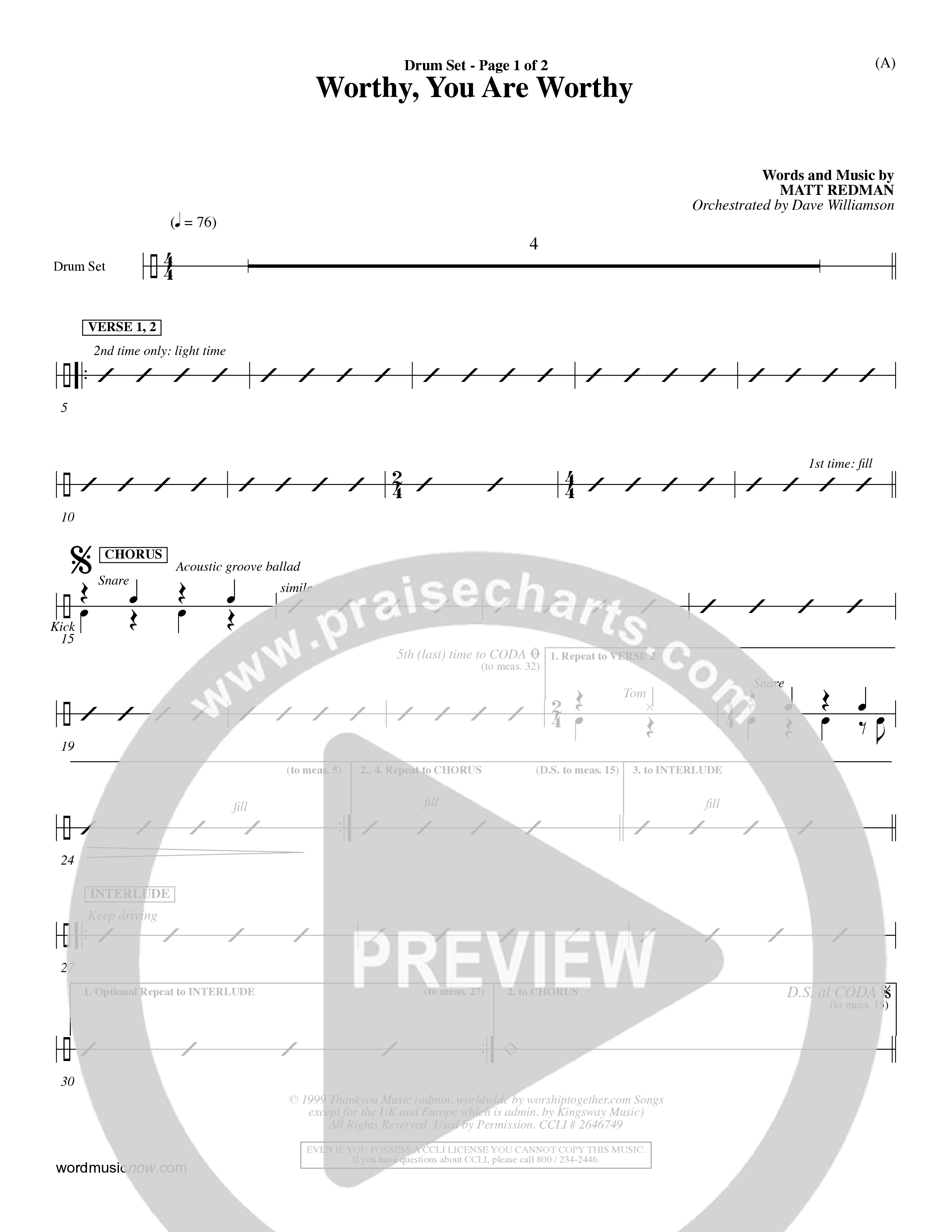 Worthy You Are Worthy (Choral Anth SATB) Drum Set (Word Music Choral / Orch. Dave Williamson)