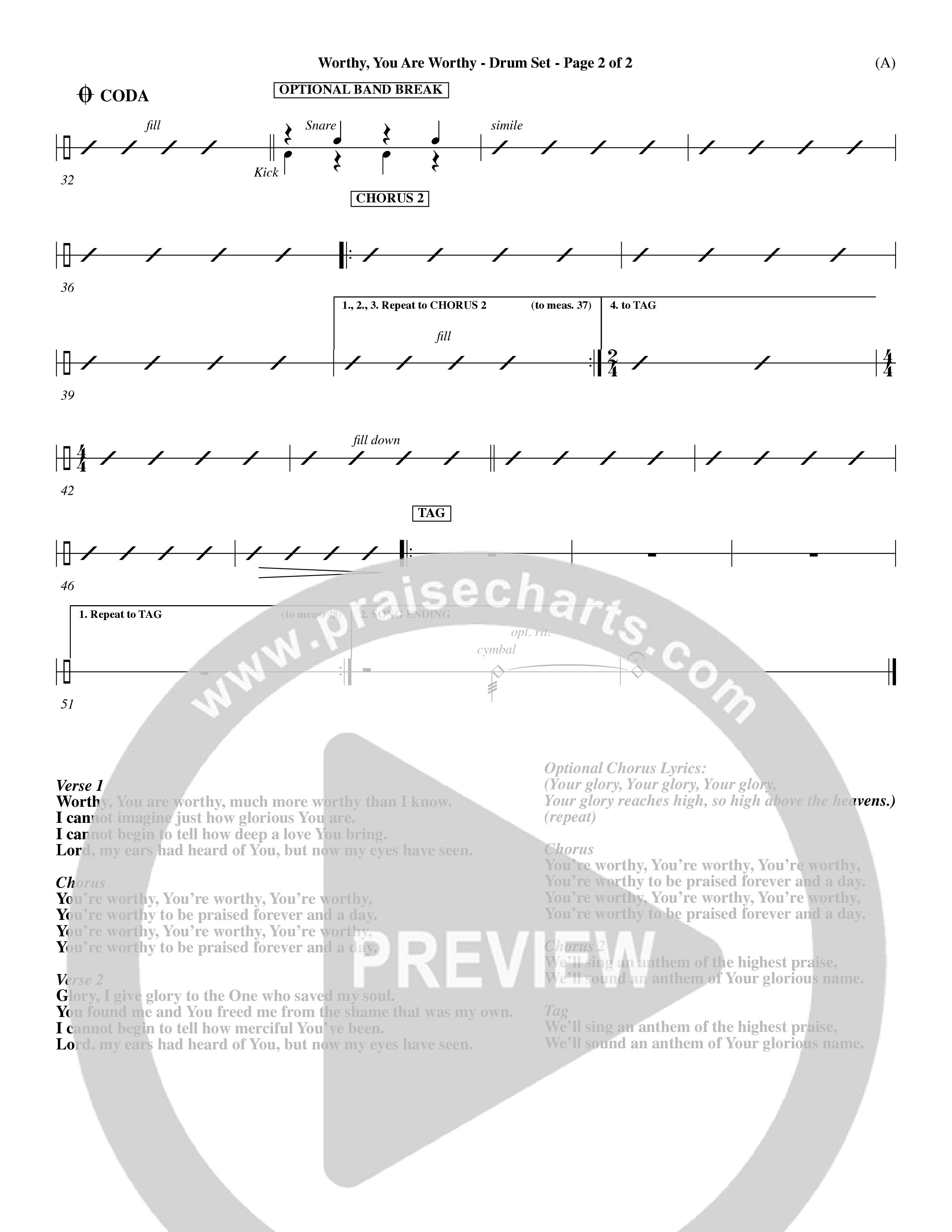 Worthy You Are Worthy (Choral Anth SATB) Drum Set (Word Music Choral / Orch. Dave Williamson)
