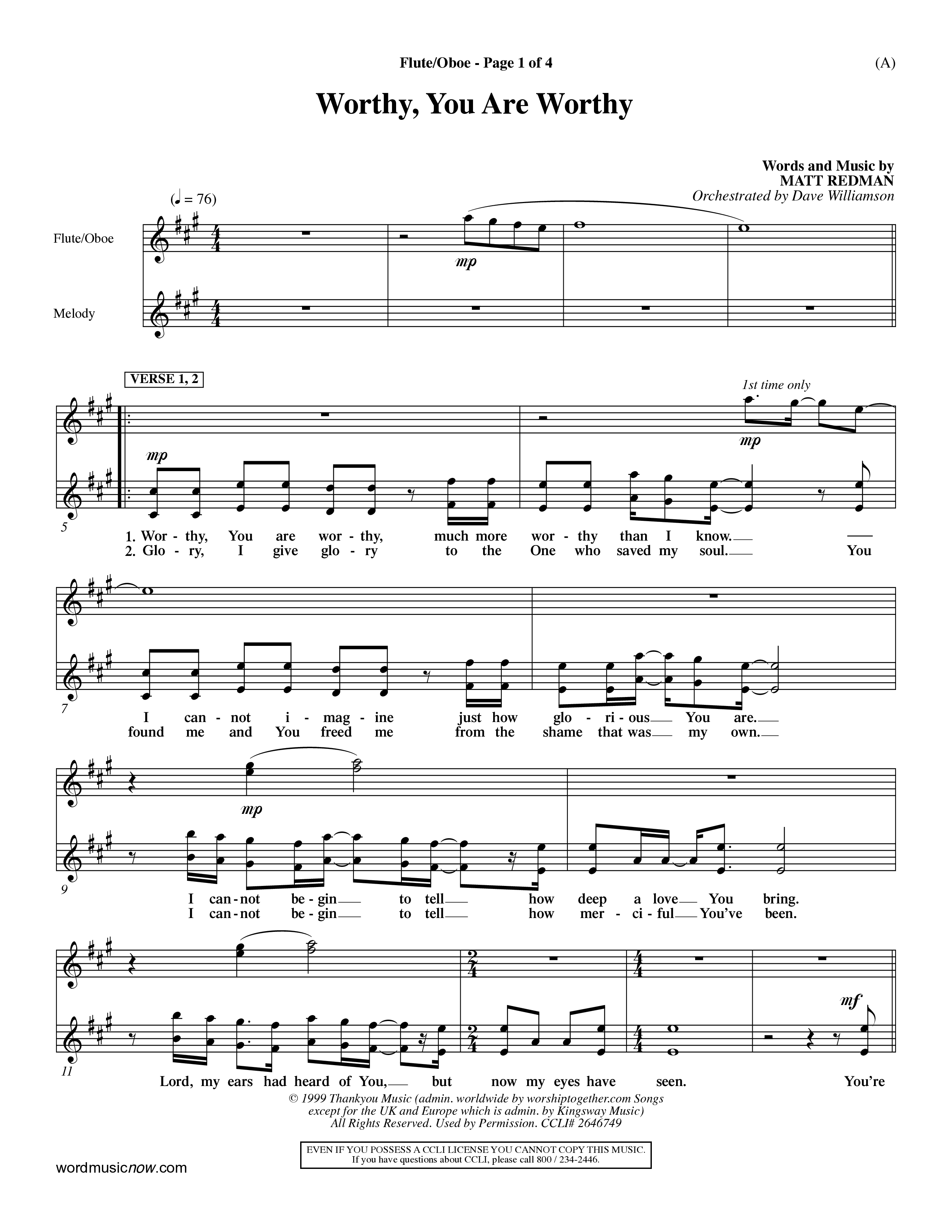 Worthy You Are Worthy (Choral Anth SATB) Flute/Oboe (Word Music Choral / Orch. Dave Williamson)
