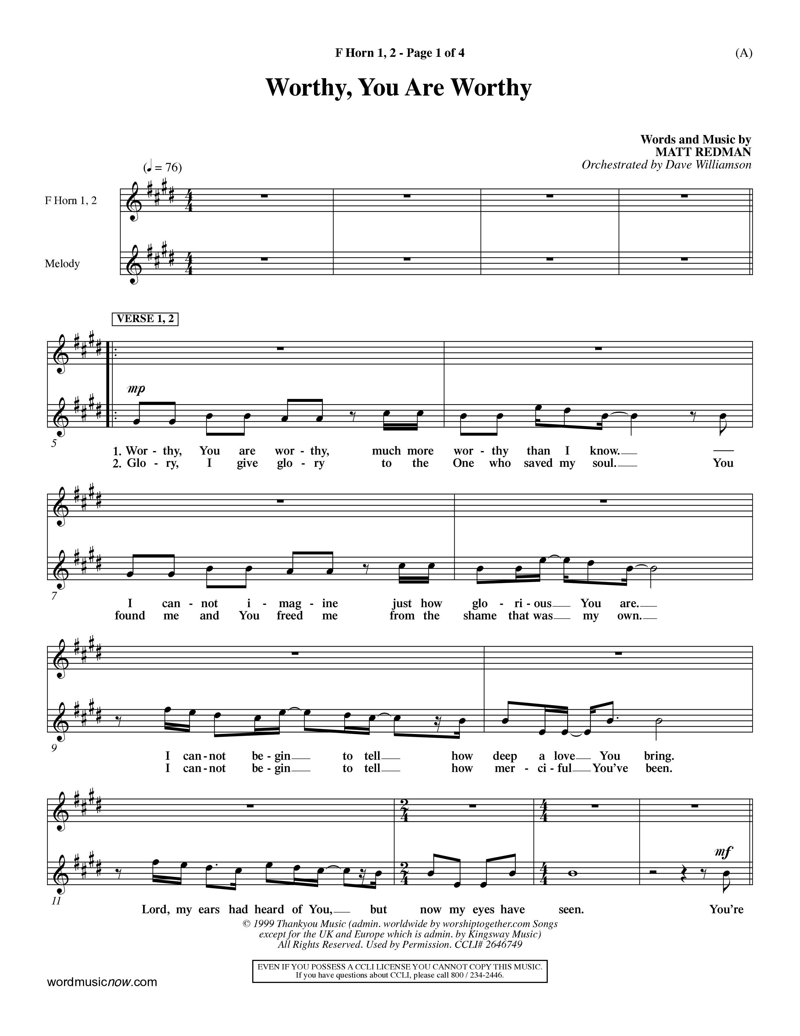 Worthy You Are Worthy (Choral Anth SATB) French Horn (Word Music Choral / Orch. Dave Williamson)