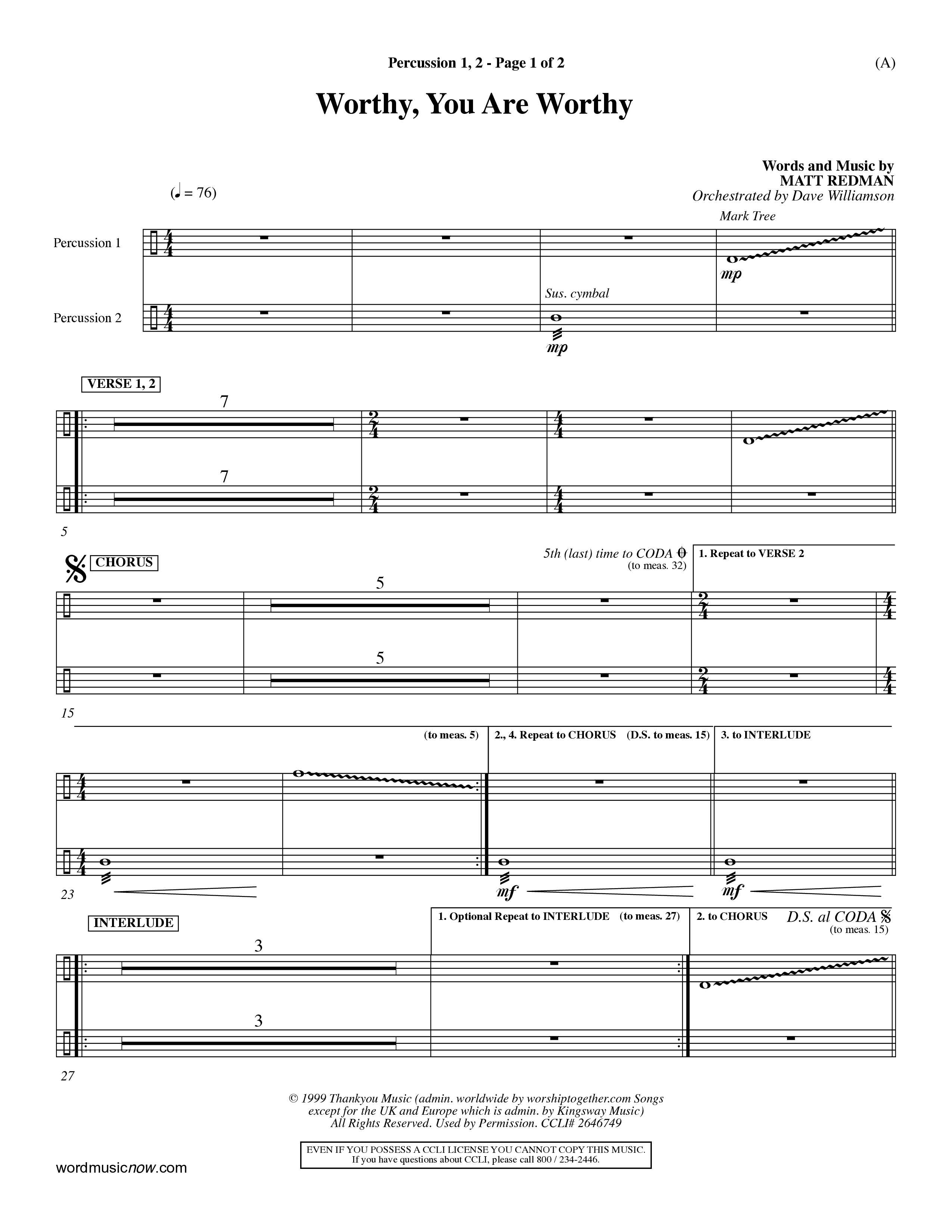 Worthy You Are Worthy (Choral Anth SATB) Percussion 1/2 (Word Music Choral / Orch. Dave Williamson)