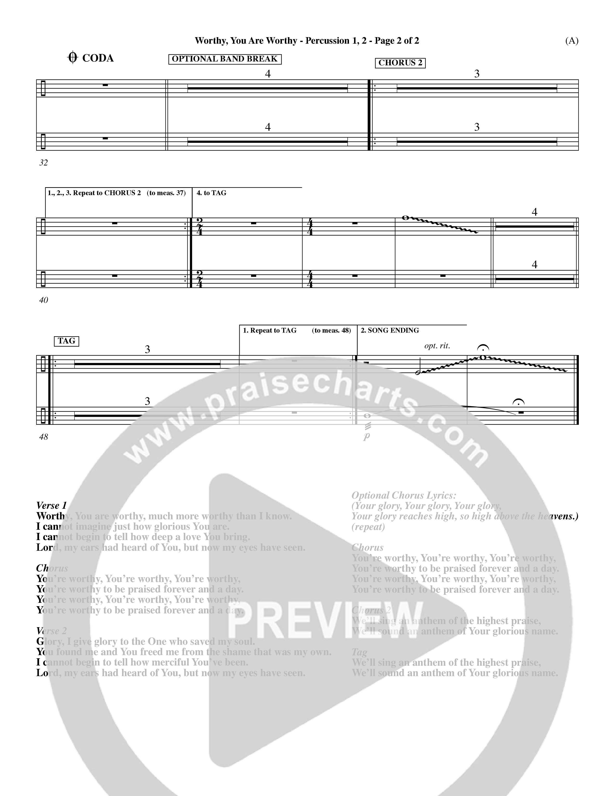 Worthy You Are Worthy (Choral Anth SATB) Percussion 1/2 (Word Music Choral / Orch. Dave Williamson)