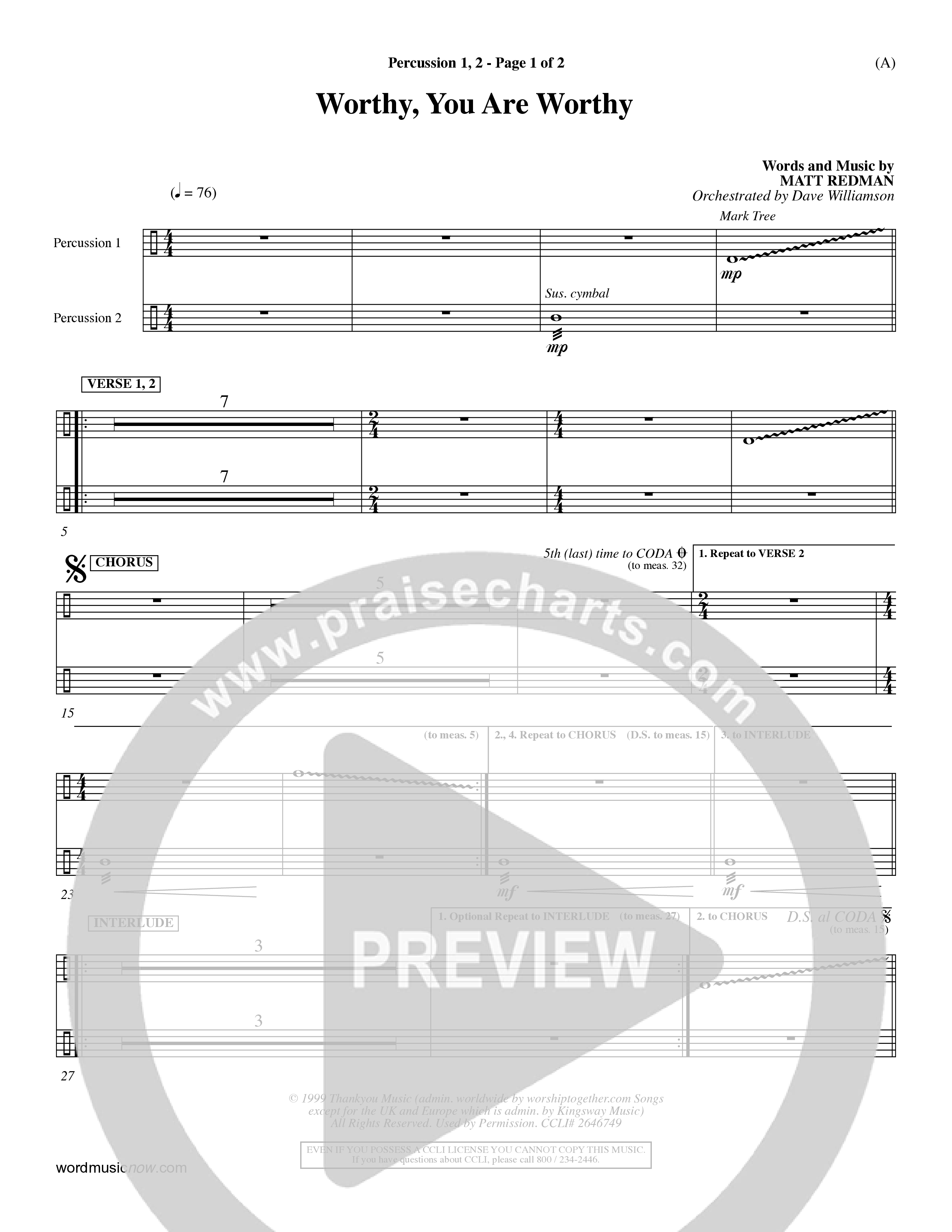 Worthy You Are Worthy (Choral Anth SATB) Percussion 1/2 (Word Music Choral / Orch. Dave Williamson)