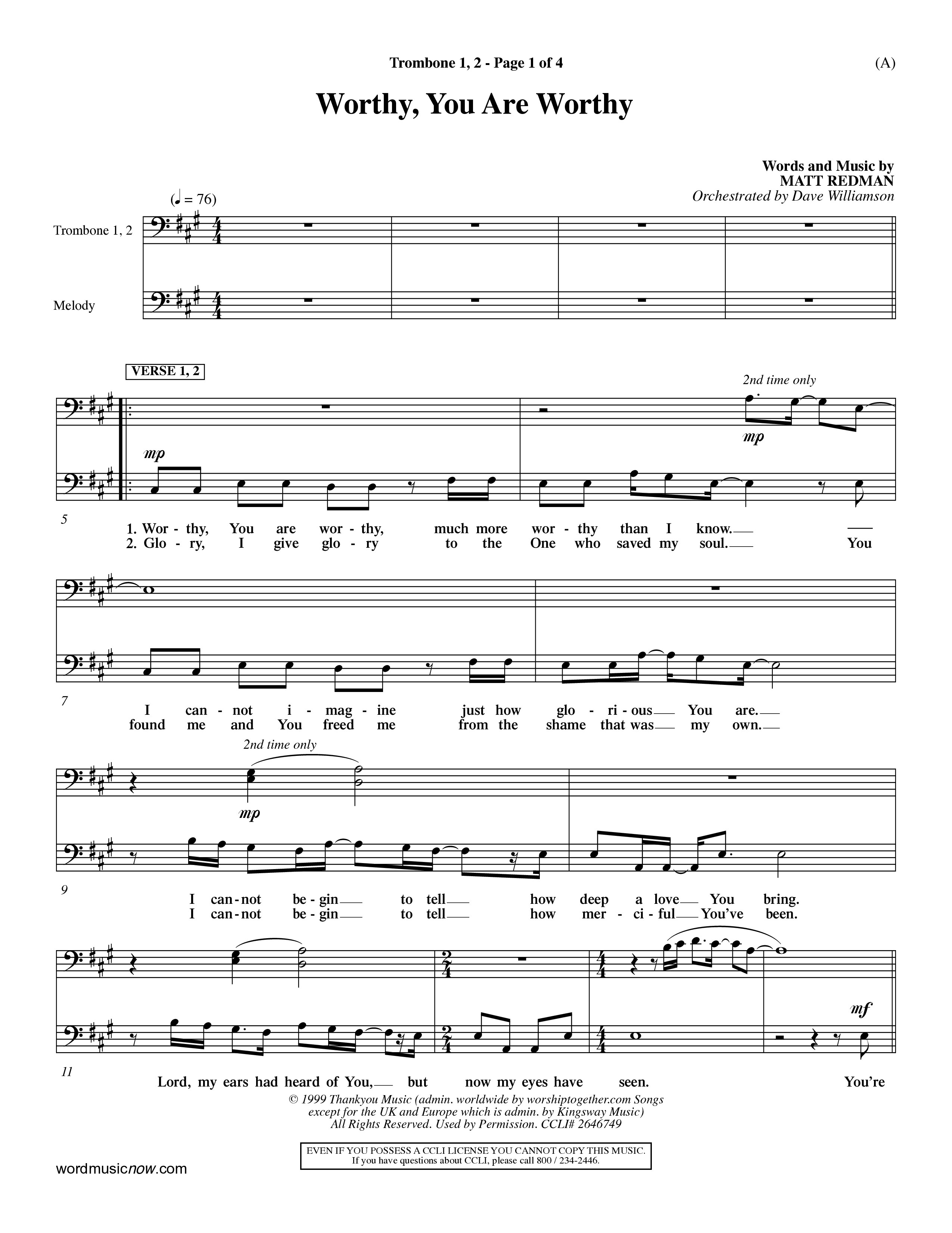 Worthy You Are Worthy (Choral Anth SATB) Trombone 1/2 (Word Music Choral / Orch. Dave Williamson)