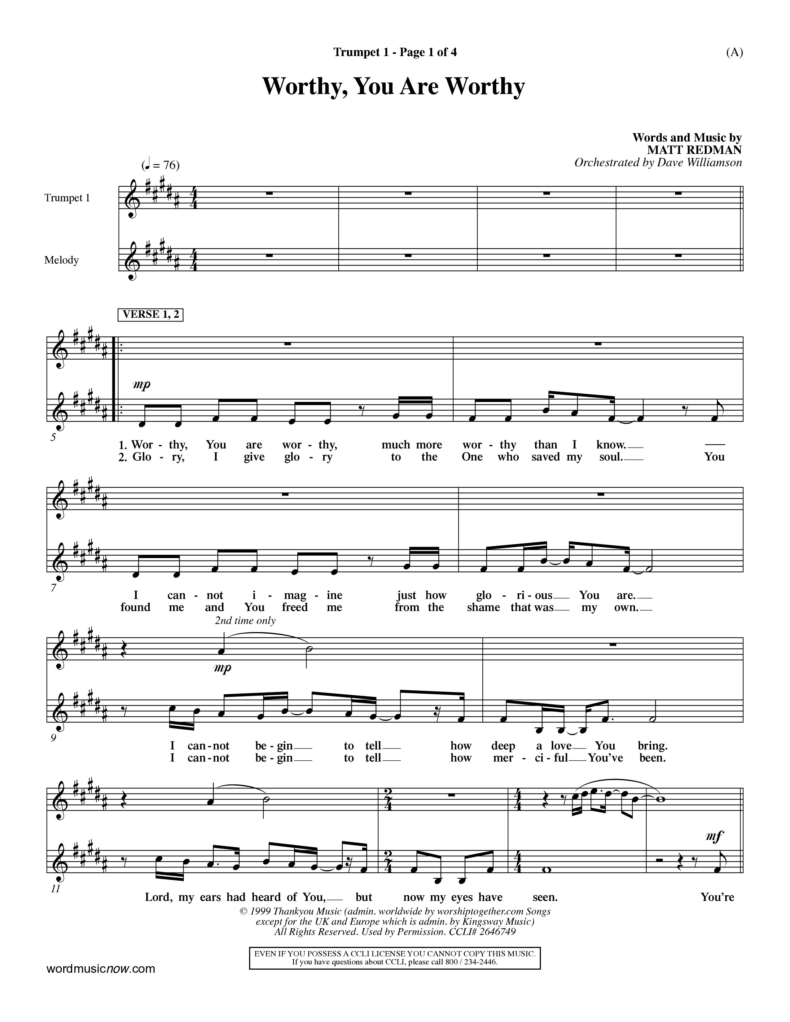 Worthy You Are Worthy (Choral Anth SATB) Trumpet 1 (Word Music Choral / Orch. Dave Williamson)