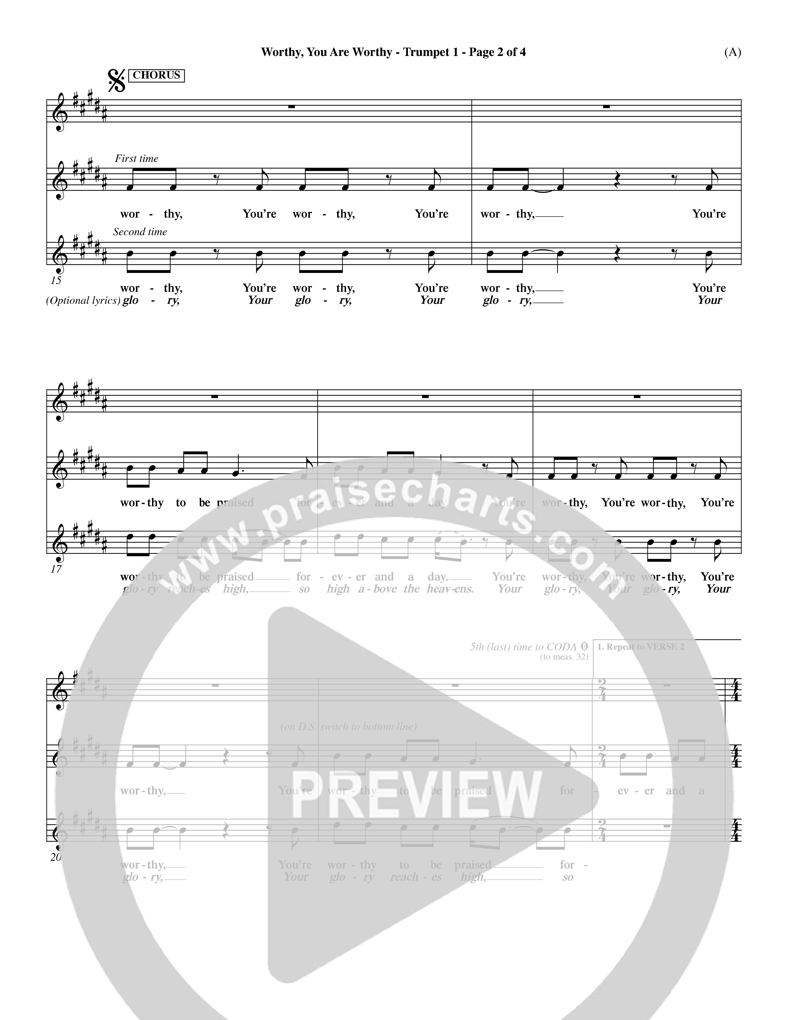 Worthy You Are Worthy (Choral Anth SATB) Trumpet 1 (Word Music Choral / Orch. Dave Williamson)
