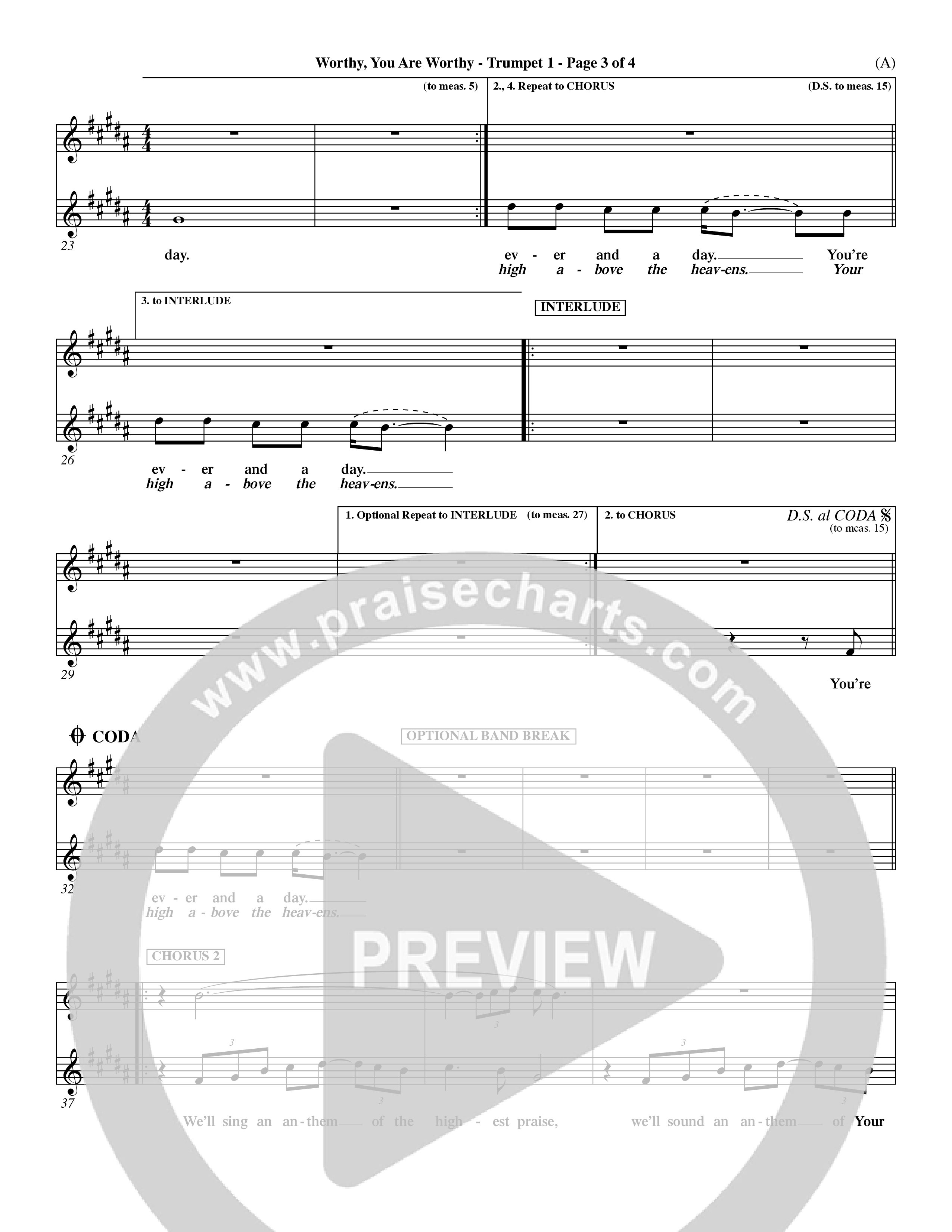 Worthy You Are Worthy (Choral Anth SATB) Trumpet 1 (Word Music Choral / Orch. Dave Williamson)
