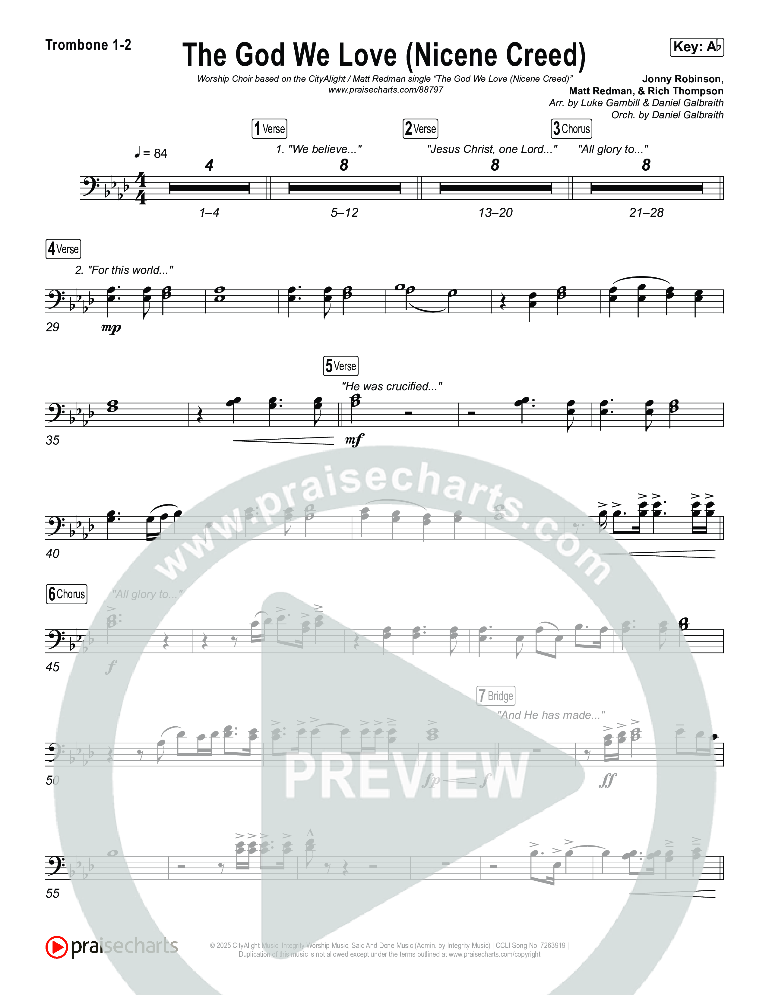 The God We Love (Nicene Creed) (Worship Choir/SAB) Trombone 1/2 (CityAlight / Matt Redman / Arr. Luke Gambill)