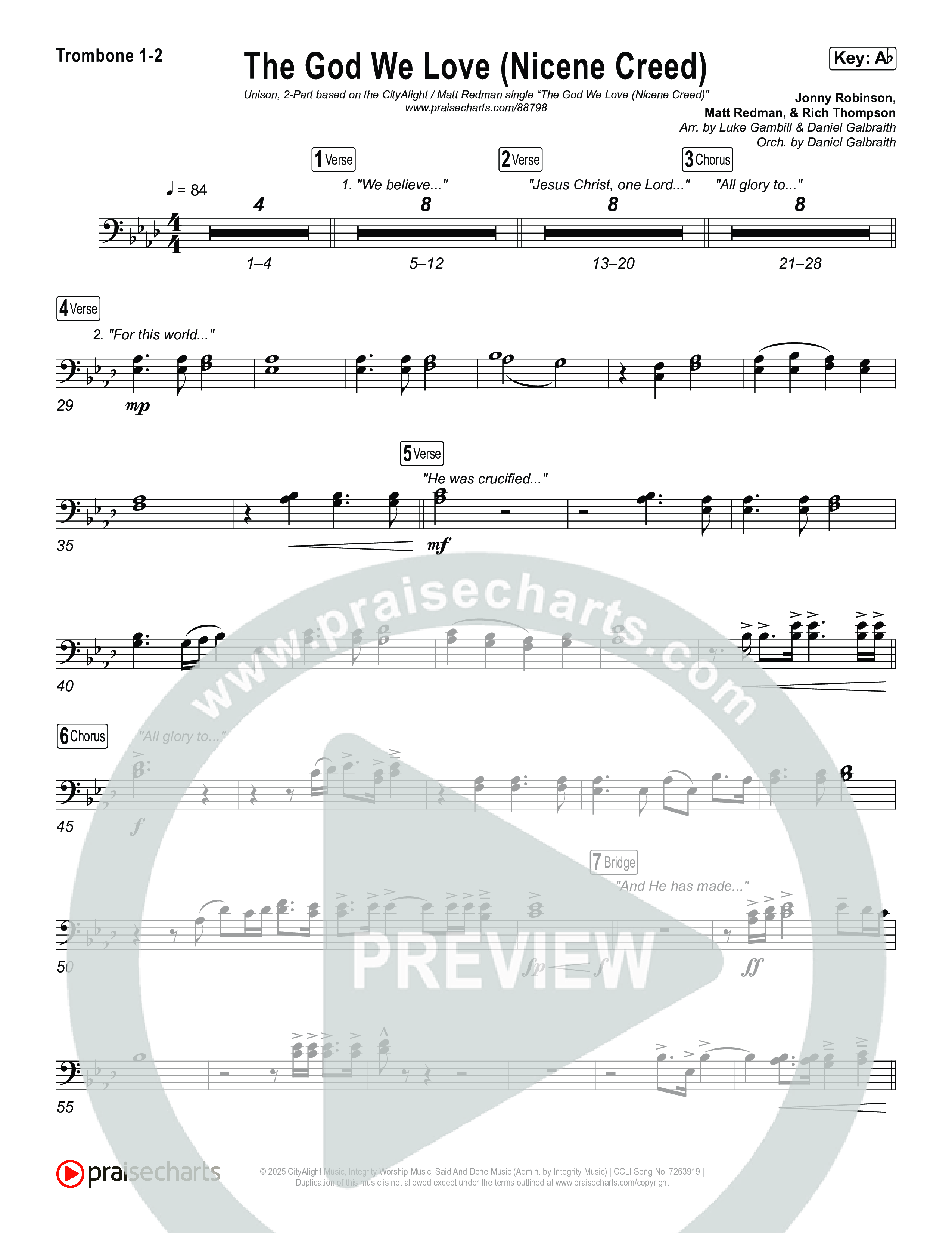 The God We Love (Nicene Creed) (Unison/2-Part) Trombone 1/2 (CityAlight / Matt Redman / Arr. Luke Gambill)