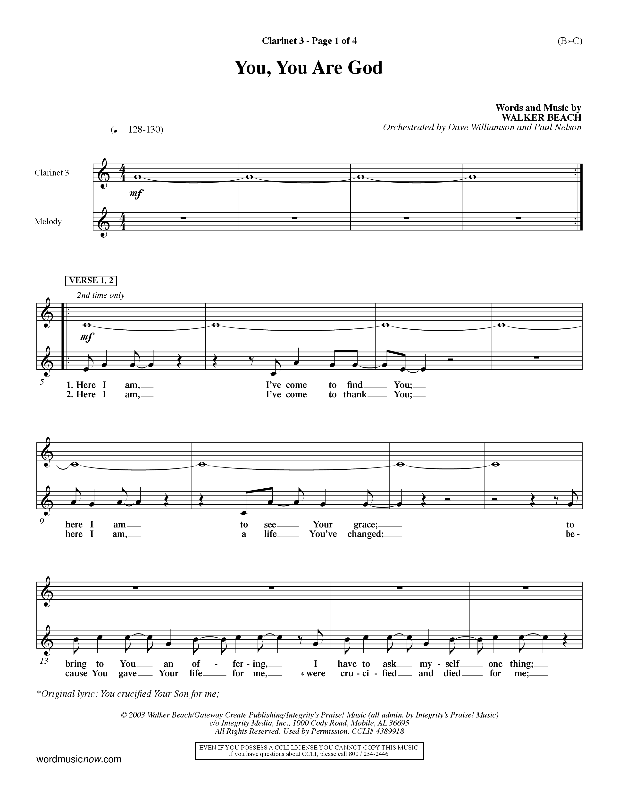 You You Are God (Choral Anthem SATB) Clarinet 3 (Word Music Choral / Orch. Dave Williamson / Orch. Paul Nelson)
