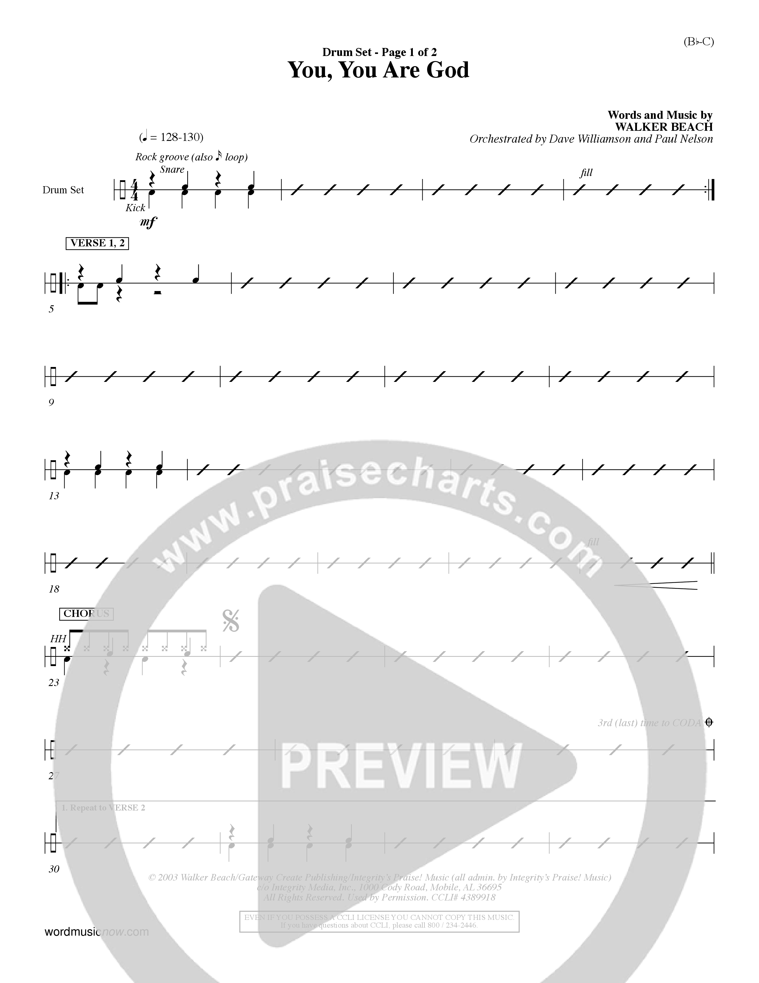 You You Are God (Choral Anthem SATB) Drum Set (Word Music Choral / Orch. Dave Williamson / Orch. Paul Nelson)