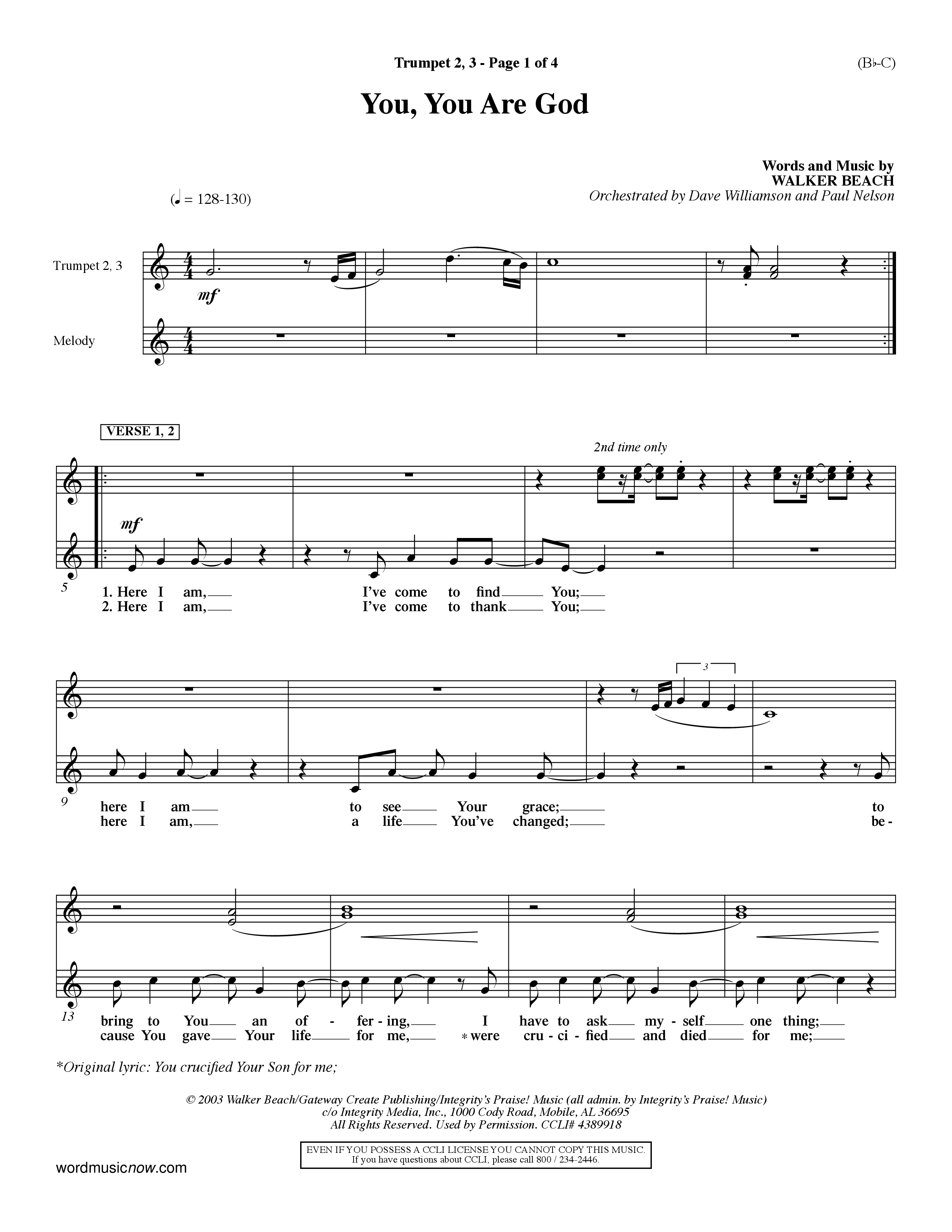 You You Are God (Choral Anthem SATB) Trumpet 2/3 (Word Music Choral / Orch. Dave Williamson / Orch. Paul Nelson)