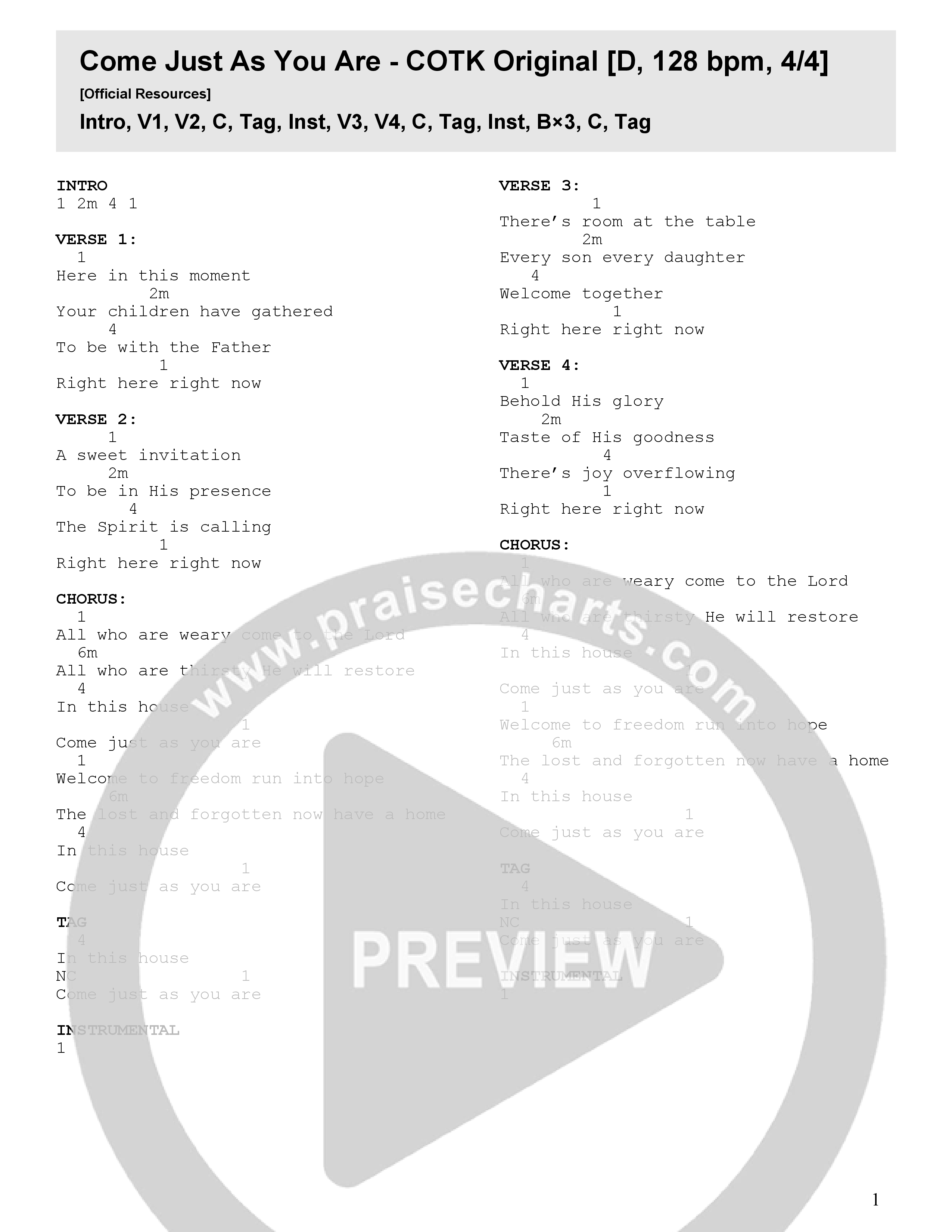 Come Just As You Are (Live) Chord Chart (Church Of The King)