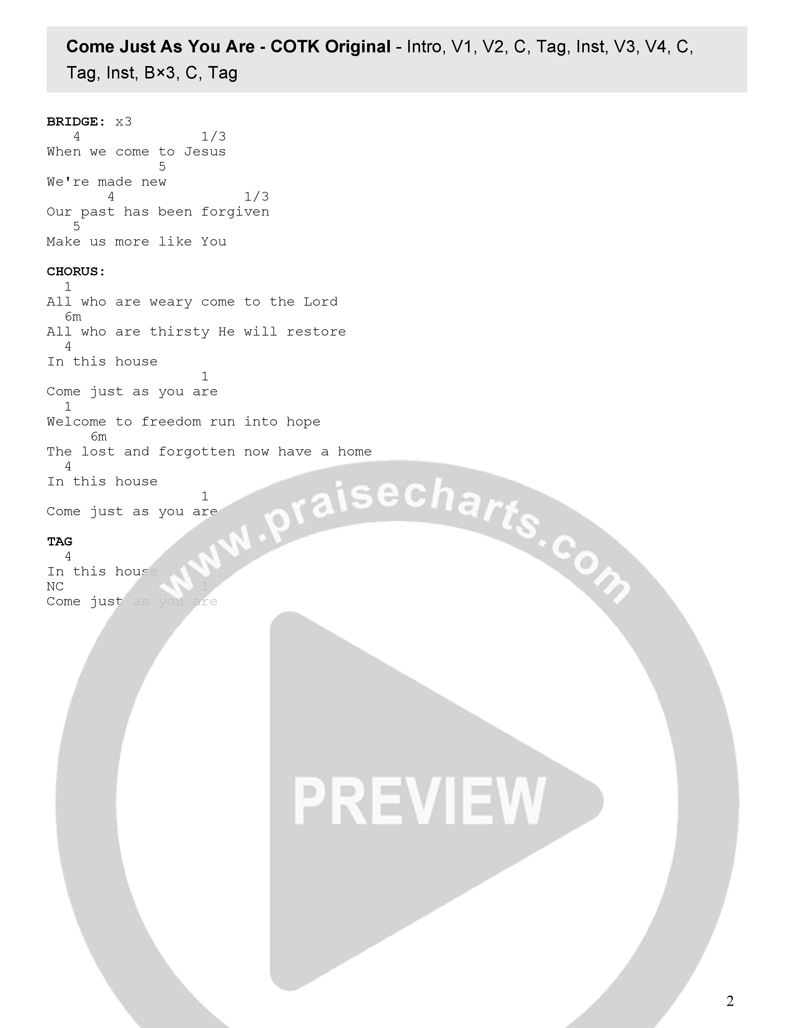 Come Just As You Are (Live) Chord Chart (Church Of The King)