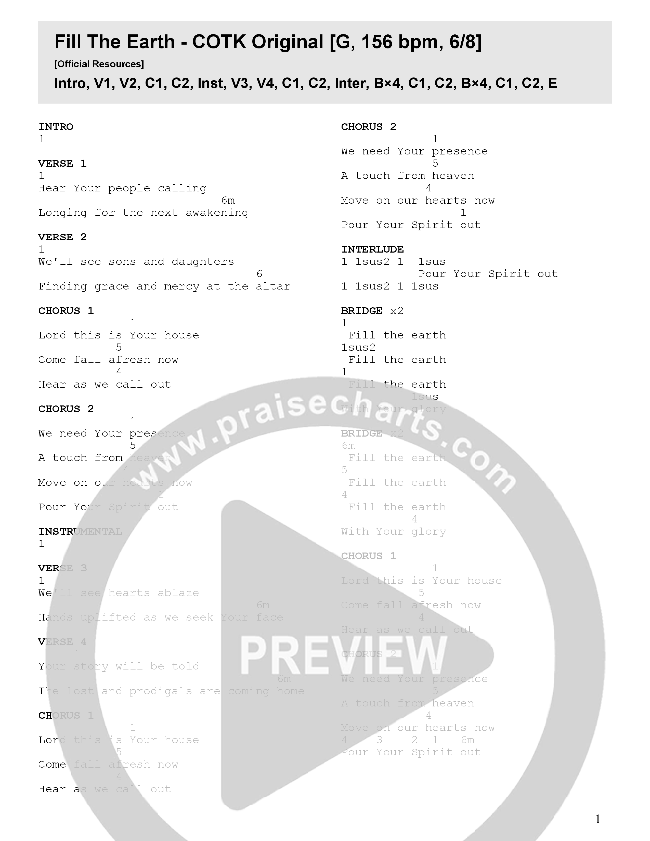 Fill The Earth (Live) Chord Chart (Church Of The King)